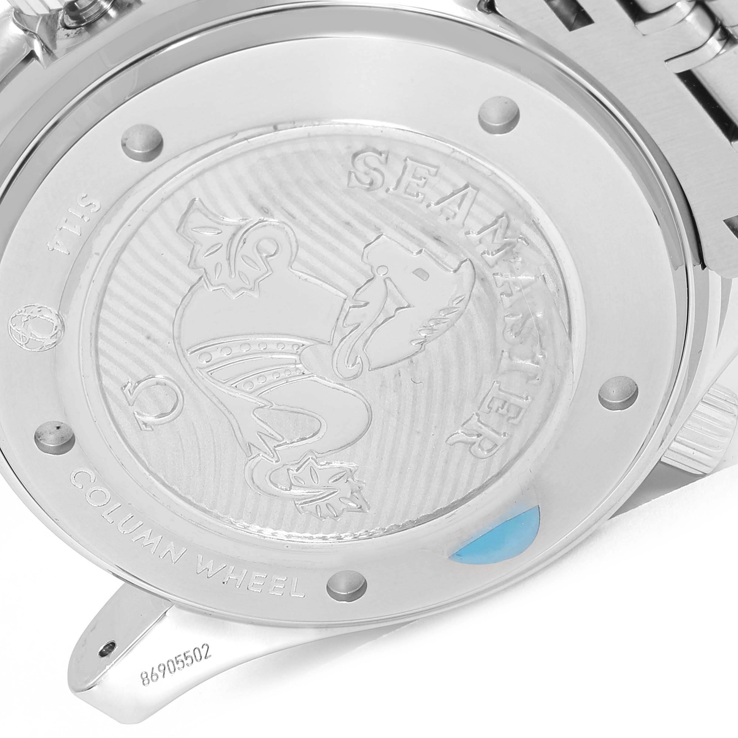 This image shows the back case of an Omega Seamaster 212.30.44.50.01.001 Men
s Stainless Steel Black Dial 212.30.44.50.01.001 Men
s Stainless Steel Black Dial watch, featuring the engraved Seamaster logo and serial number.