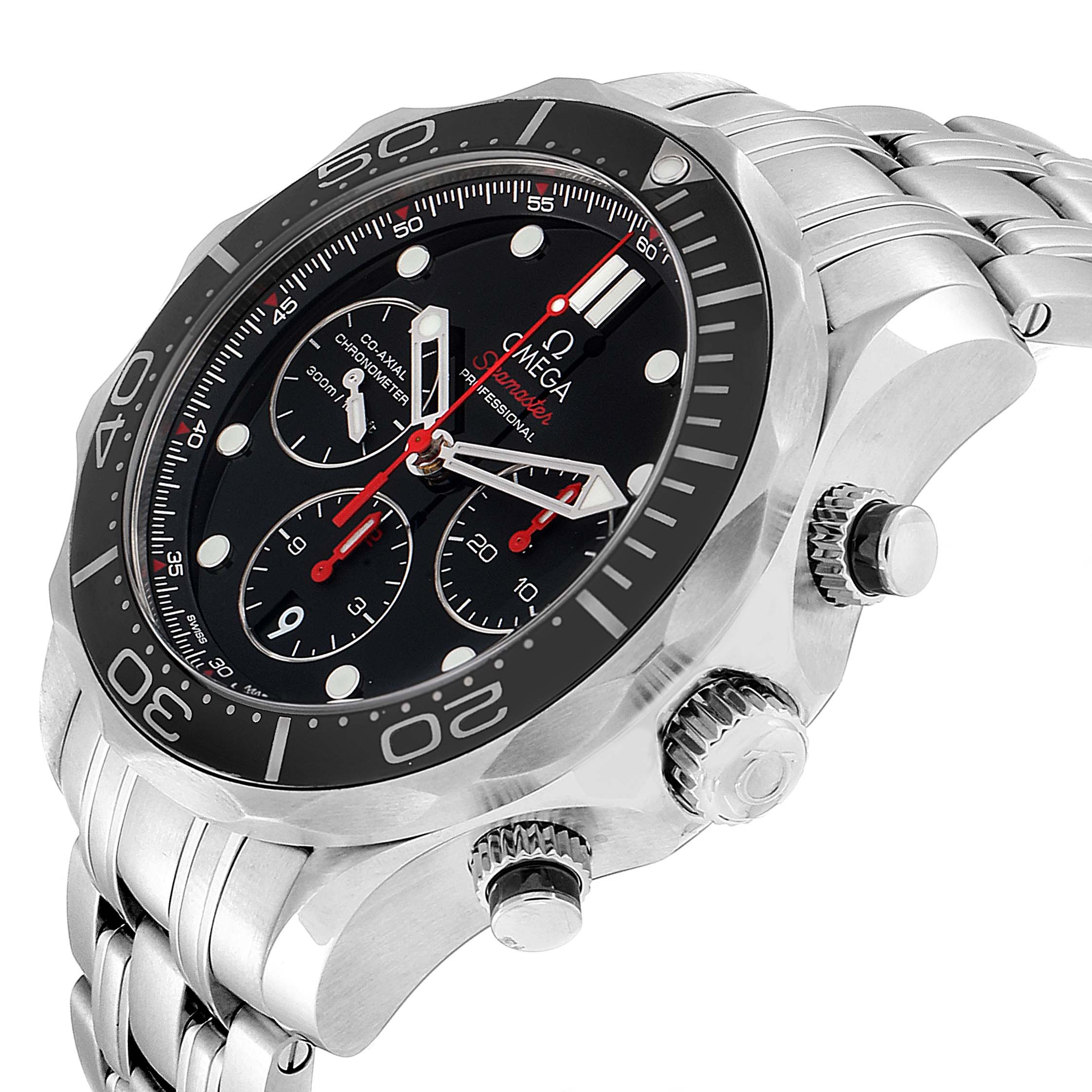 This image shows a side angle of the Omega Seamaster 212.30.44.50.01.001 Men
s Stainless Steel Black Dial 212.30.44.50.01.001 Men
s Stainless Steel Black Dial watch, highlighting the bezel, dial, crown, and pushers.