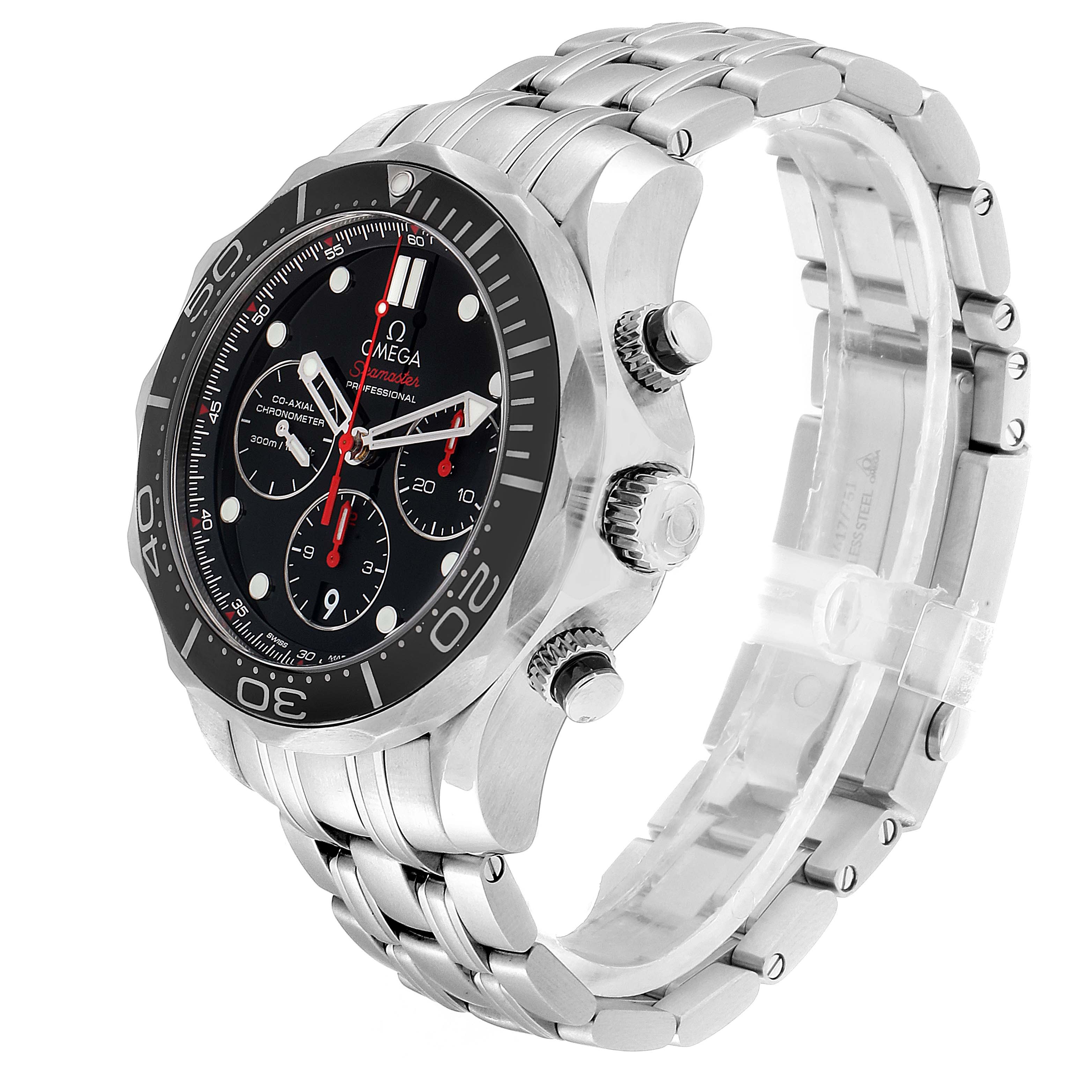 The image shows a side and partial front view of the Omega Seamaster 212.30.44.50.01.001 Men
s Stainless Steel Black Dial 212.30.44.50.01.001 Men
s Stainless Steel Black Dial watch, highlighting its bezel, dials, and metal bracelet.