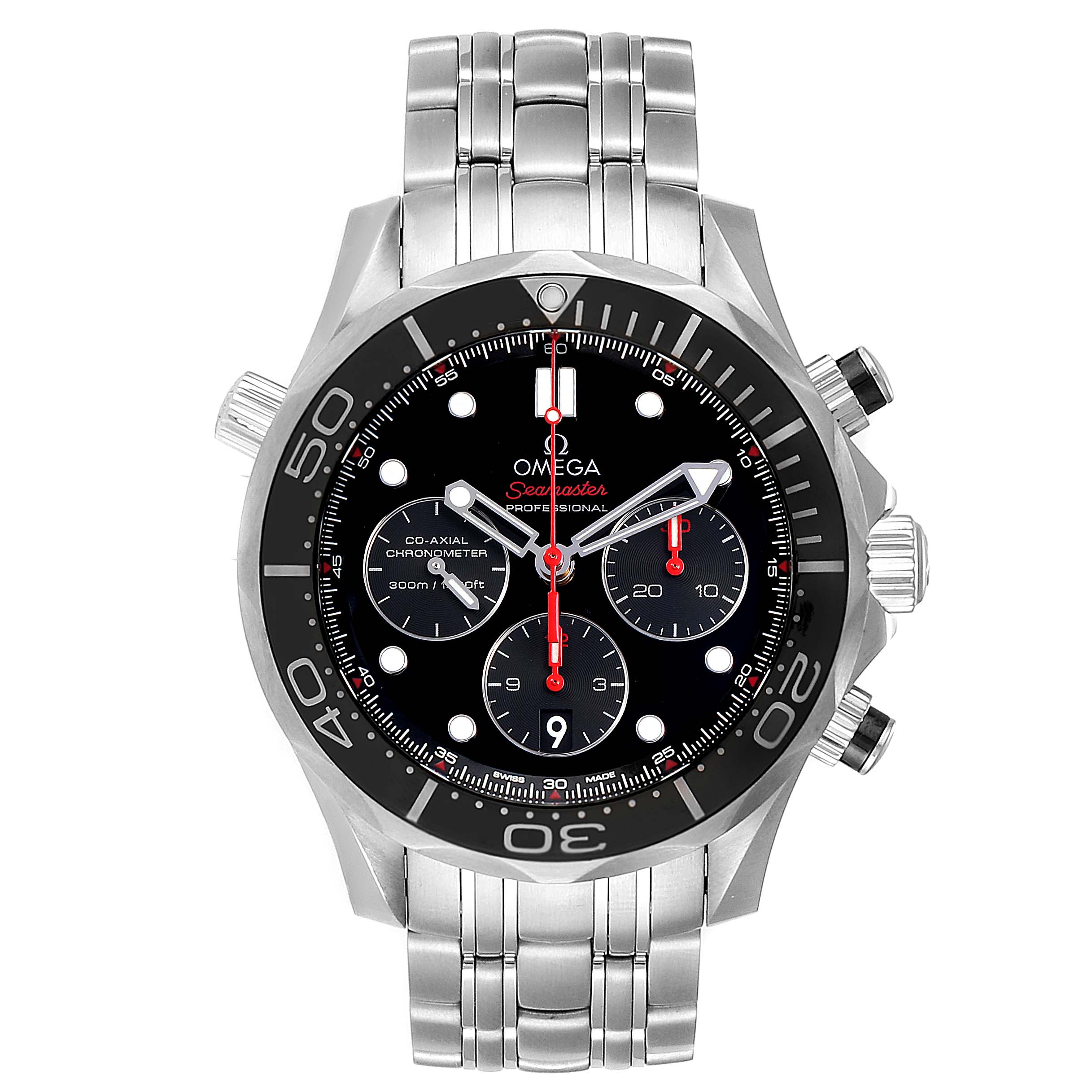 The image shows a front view of an Omega Seamaster 212.30.44.50.01.001 Men
s Stainless Steel Black Dial 212.30.44.50.01.001 Men
s Stainless Steel Black Dial watch, highlighting its face, bezel, and stainless steel bracelet.