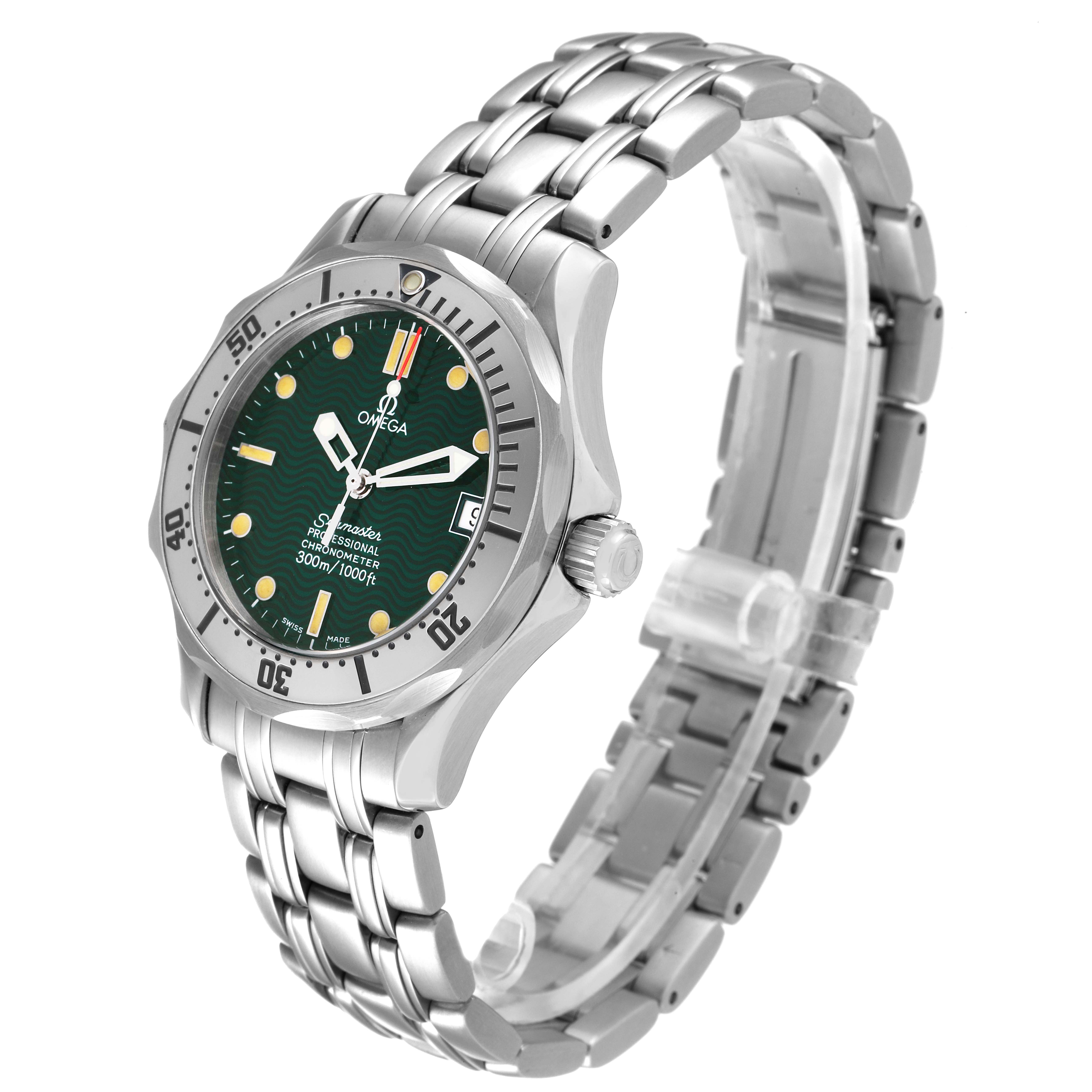 This image shows an angled view of the Omega Seamaster 2553.41.00 Men's Stainless Steel Green Dial 2553.41.00 Men's Stainless Steel Green Dial watch, highlighting the face, bezel, crown, and stainless steel bracelet.