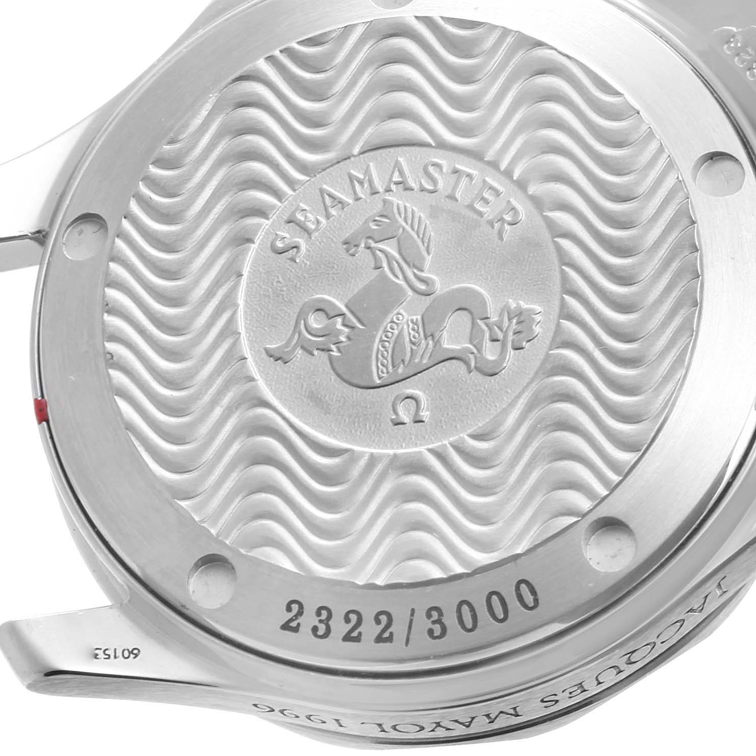 This image shows the engraved back case of an Omega Seamaster 2553.41.00 Men's Stainless Steel Green Dial 2553.41.00 Men's Stainless Steel Green Dial watch.