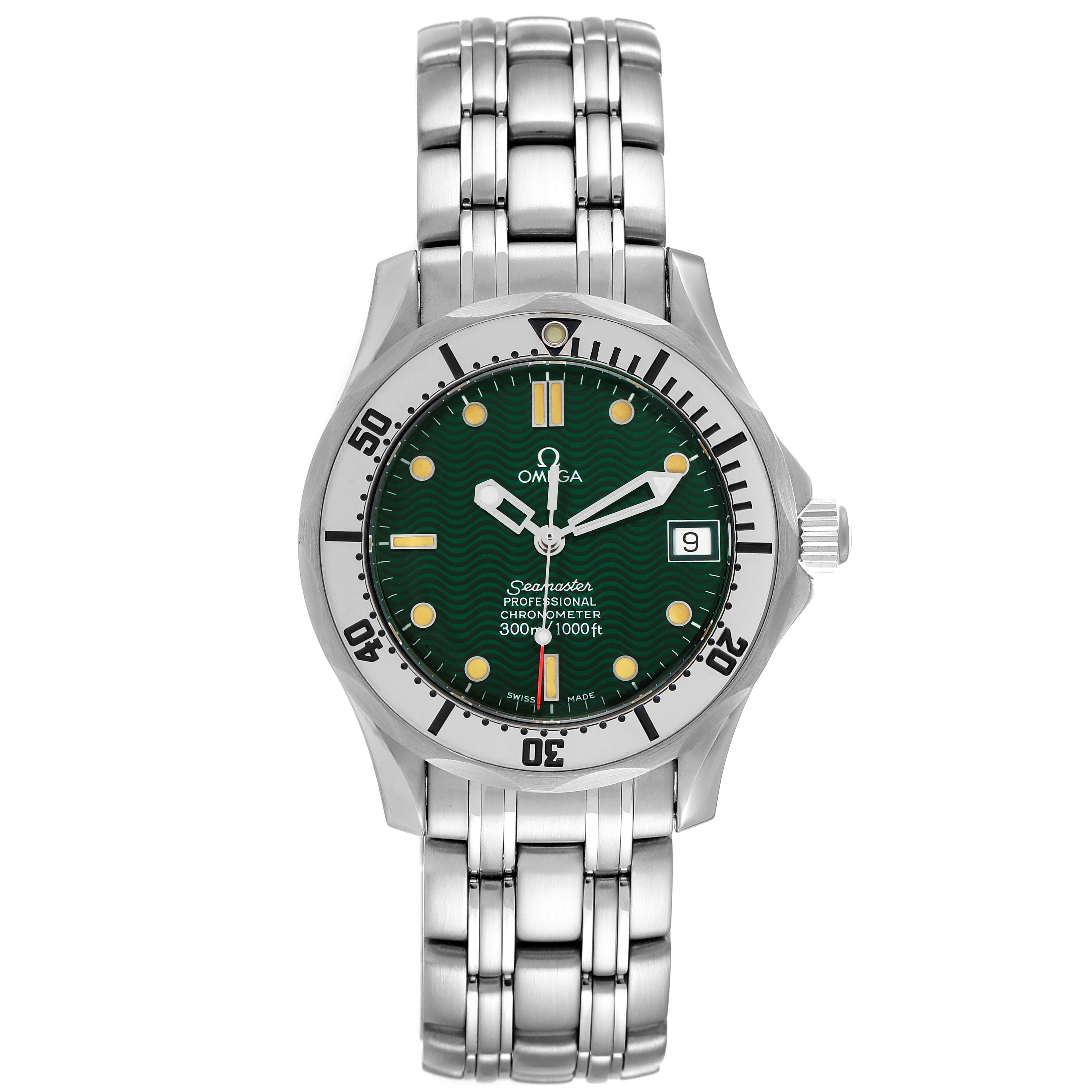 The image shows a front view of an Omega Seamaster 2553.41.00 Men's Stainless Steel Green Dial 2553.41.00 Men's Stainless Steel Green Dial watch with a green dial, date window, and stainless steel bracelet.