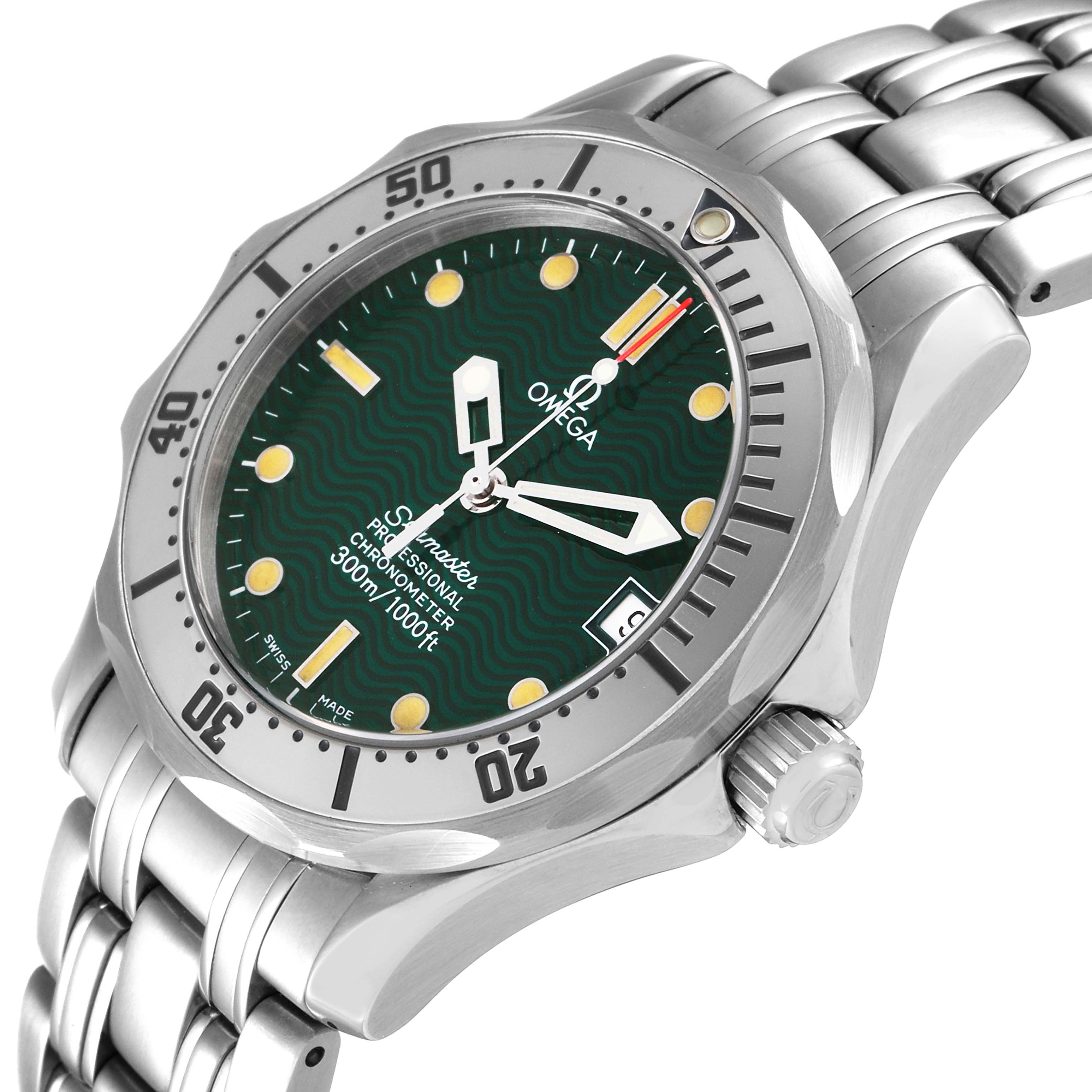 The Omega Seamaster 2553.41.00 Men's Stainless Steel Green Dial 2553.41.00 Men's Stainless Steel Green Dial watch is shown from a slightly angled side perspective, highlighting its green dial, bezel, and stainless steel bracelet.