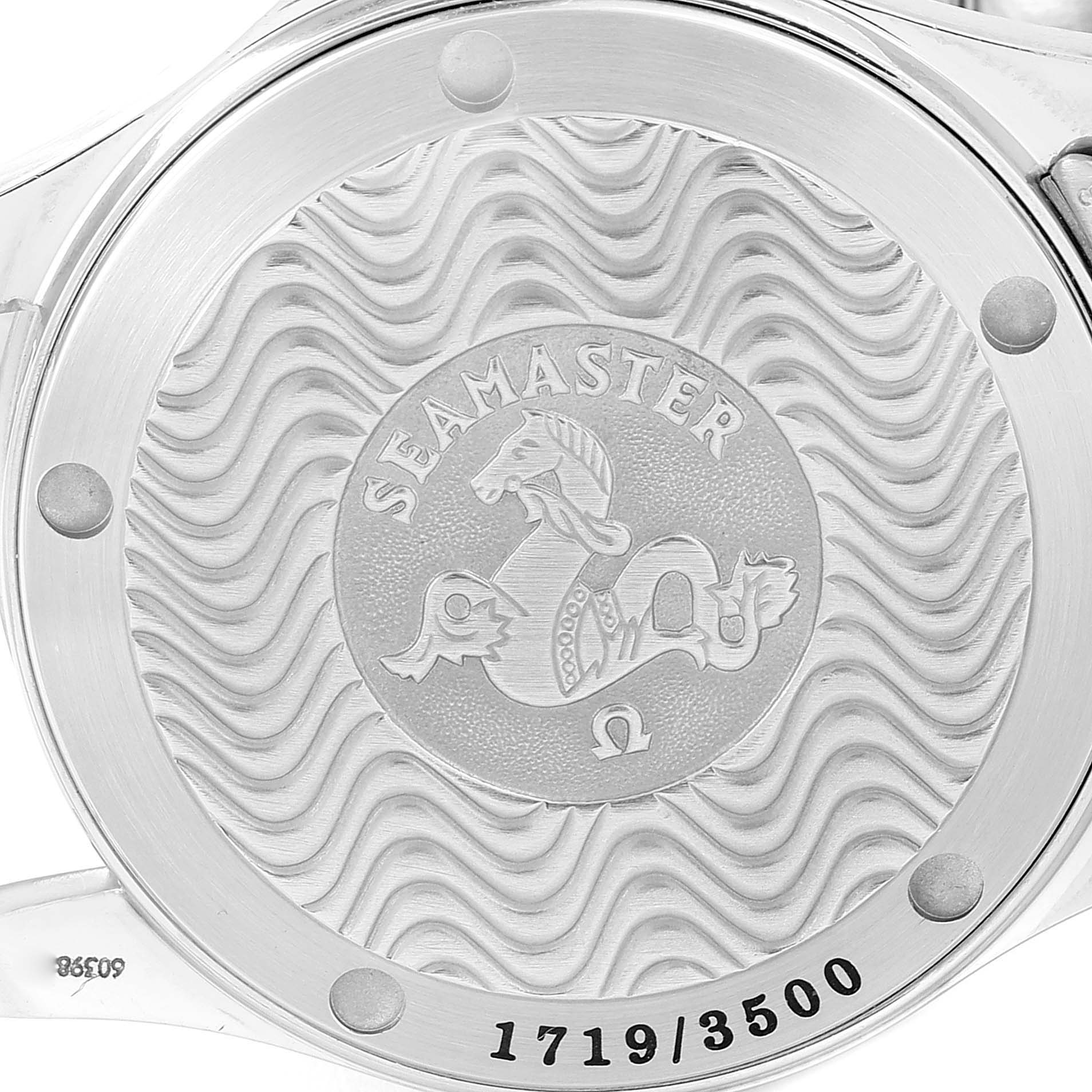 The image shows the back case of the Omega Seamaster 2554.80.00 Men's Stainless Steel Blue Dial 2554.80.00 Men's Stainless Steel Blue Dial watch, featuring its distinctive engravings and limited edition number.