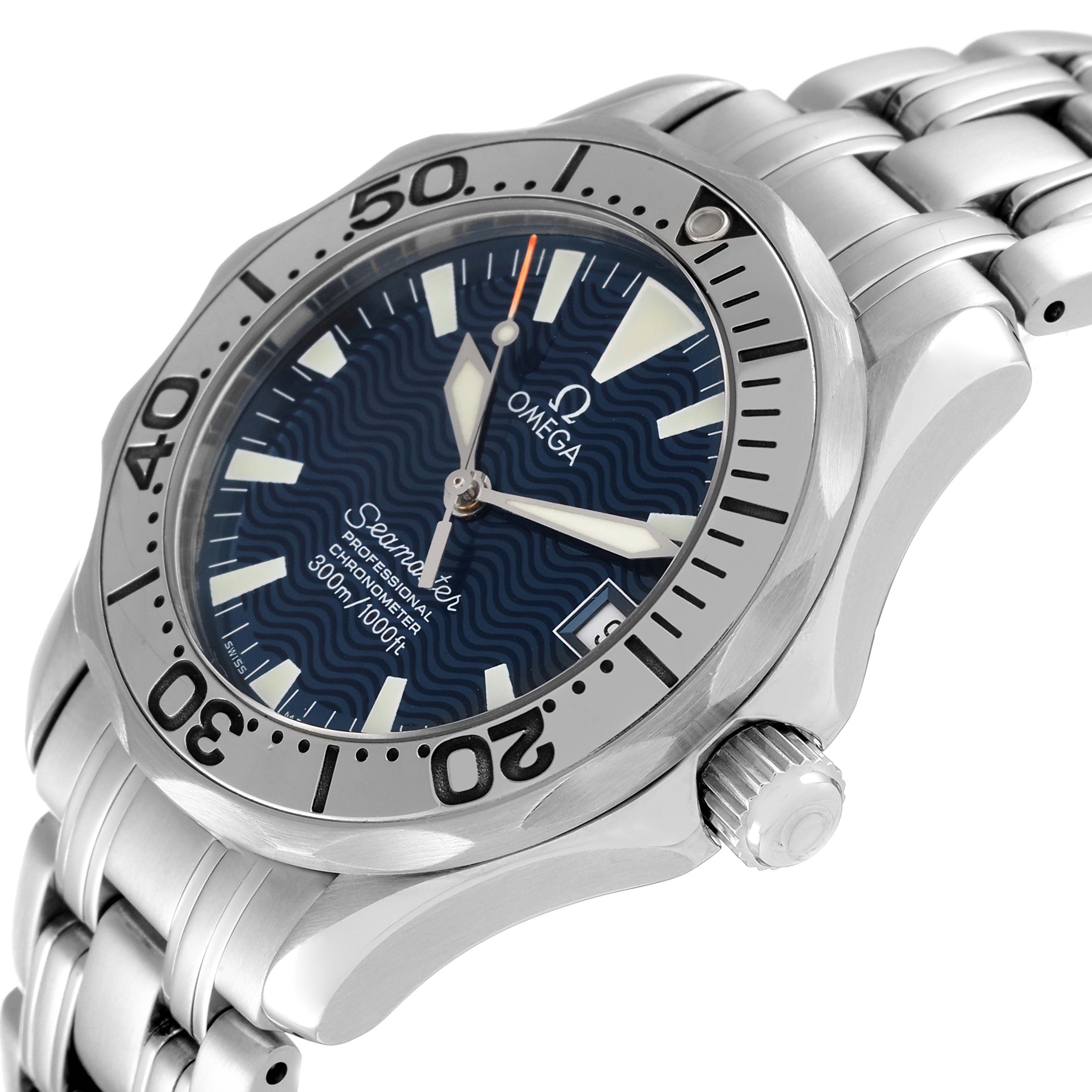The image shows a side-angle view of an Omega Seamaster 2554.80.00 Men's Stainless Steel Blue Dial 2554.80.00 Men's Stainless Steel Blue Dial watch, highlighting the bezel, dial, crown, and part of the bracelet.