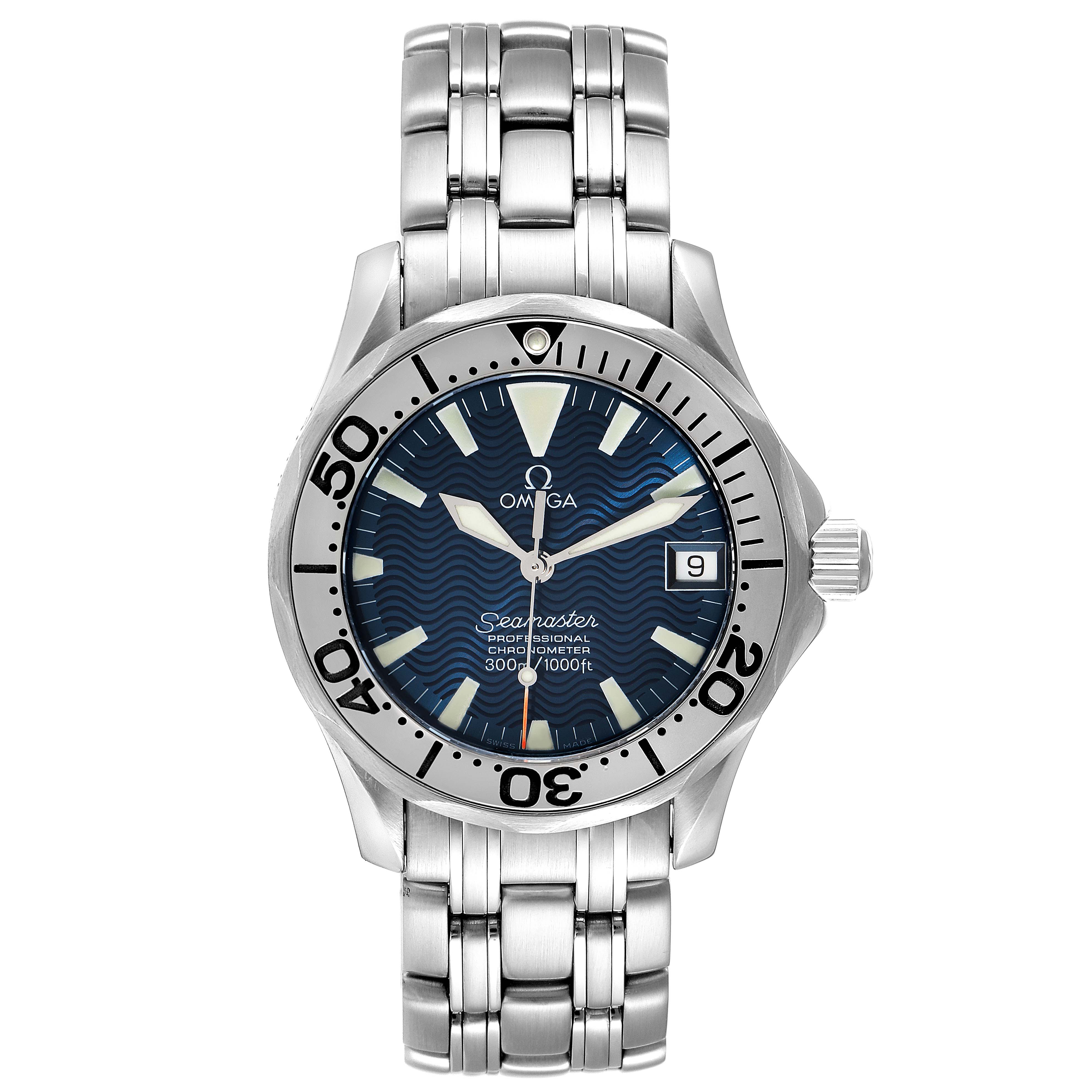 The image shows a front view of the Omega Seamaster 2554.80.00 Men's Stainless Steel Blue Dial 2554.80.00 Men's Stainless Steel Blue Dial watch, displaying the dial, bezel, crown, and bracelet.