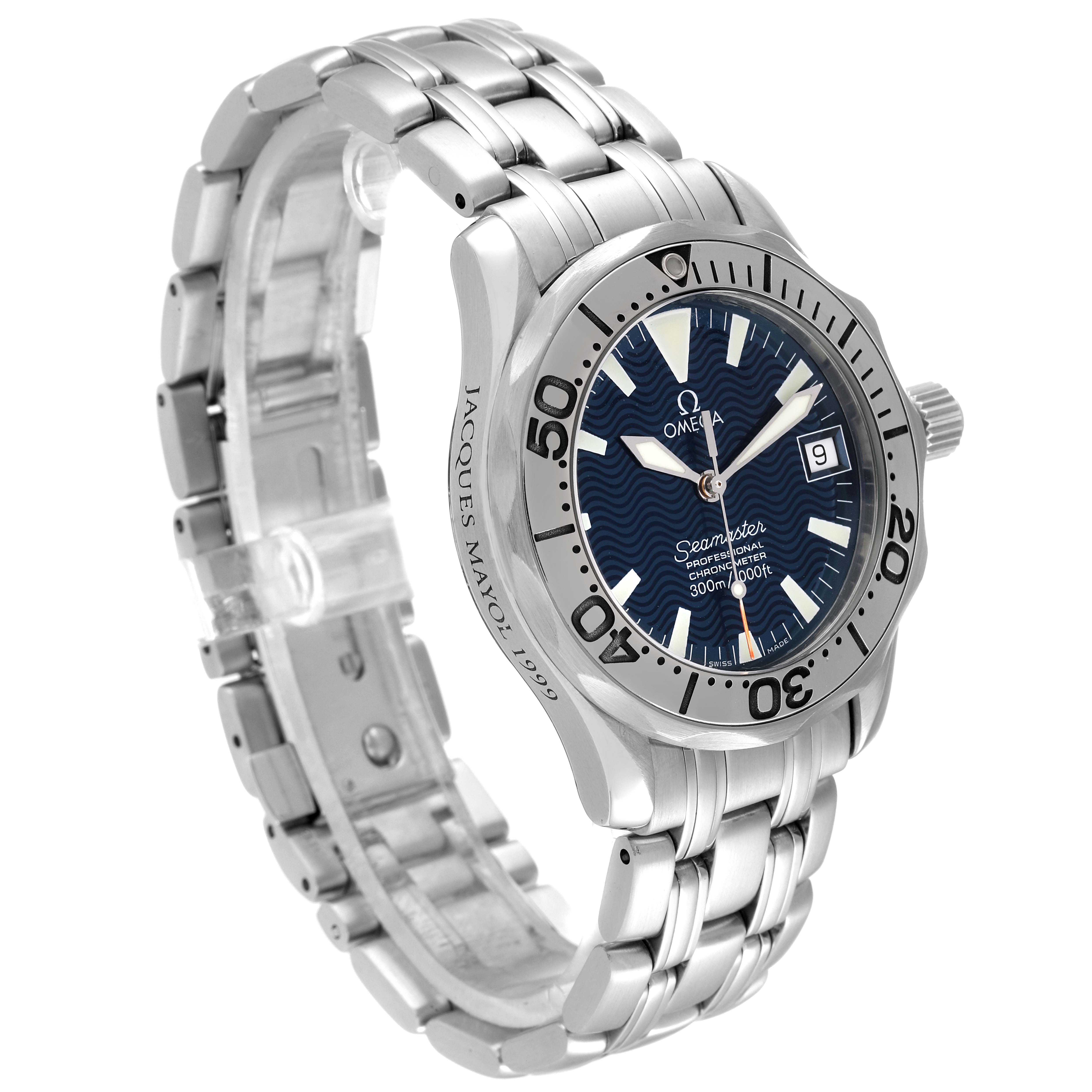 The Omega Seamaster 2554.80.00 Men's Stainless Steel Blue Dial 2554.80.00 Men's Stainless Steel Blue Dial watch is shown at an angle, highlighting its face, bezel, bracelet, and crown.