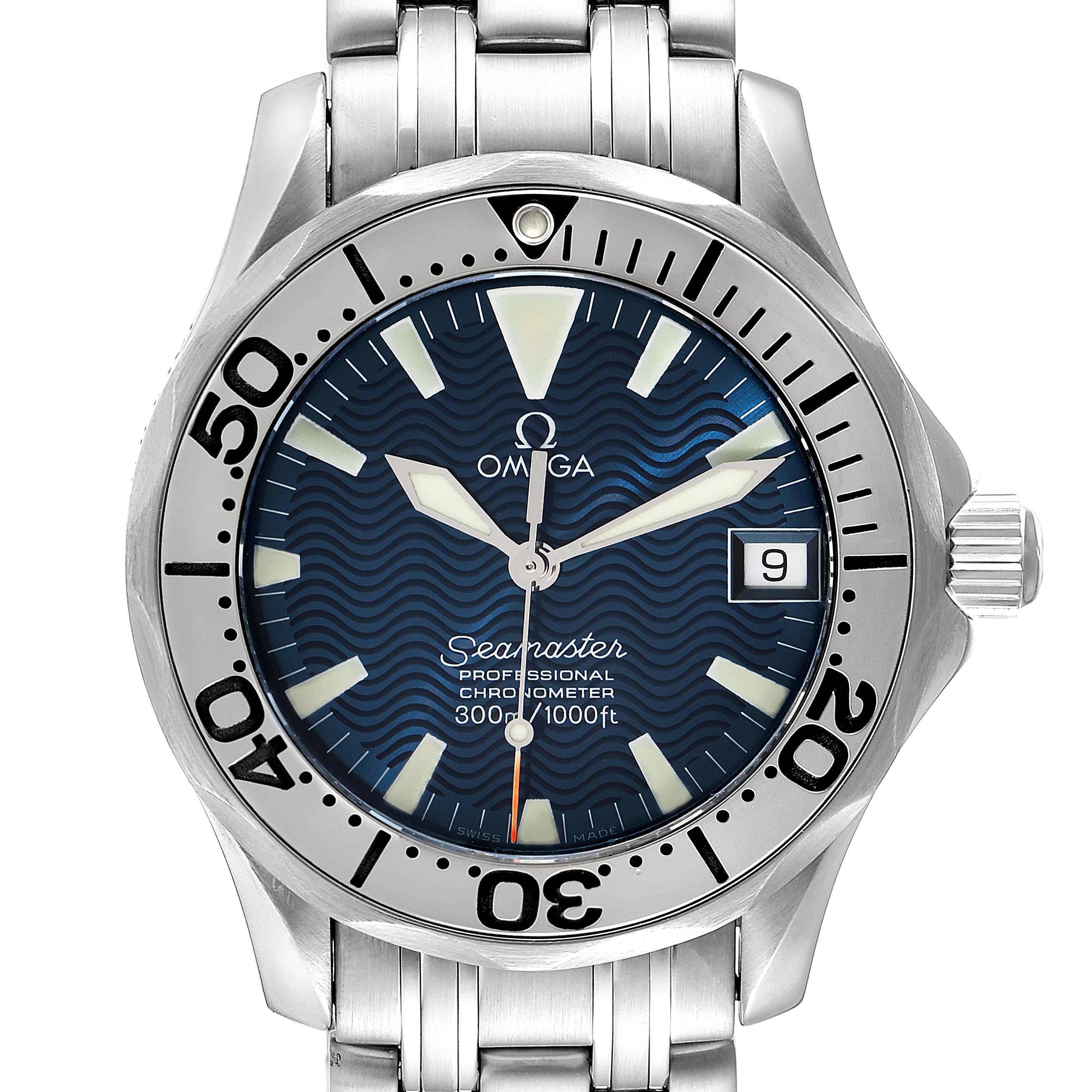 The Omega Seamaster 2554.80.00 Men's Stainless Steel Blue Dial 2554.80.00 Men's Stainless Steel Blue Dial watch is shown from the front, highlighting the bezel, dial, hands, and part of the bracelet.