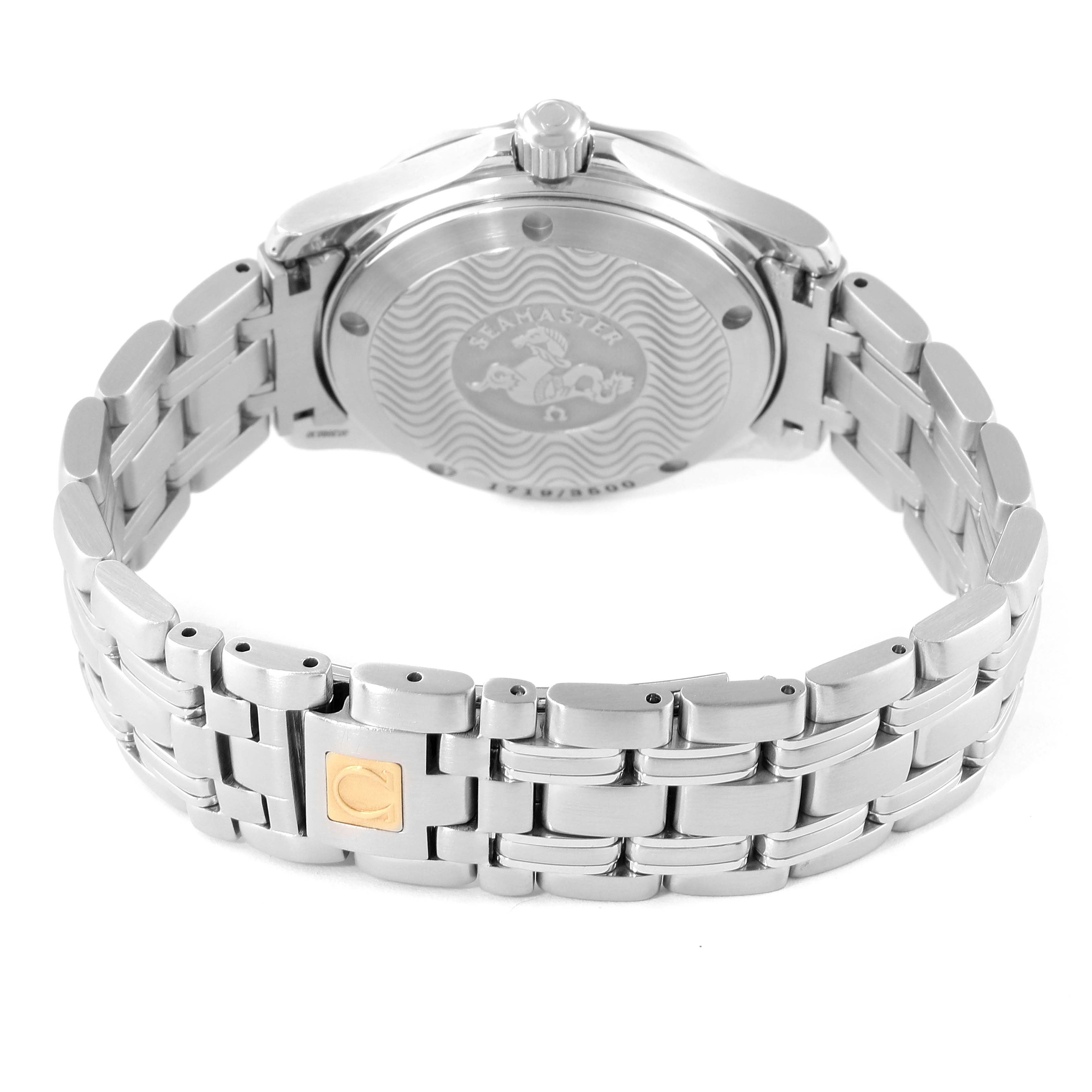 The image shows the back view of an Omega Seamaster 2554.80.00 Men's Stainless Steel Blue Dial 2554.80.00 Men's Stainless Steel Blue Dial watch, highlighting its bracelet and engraved case back.