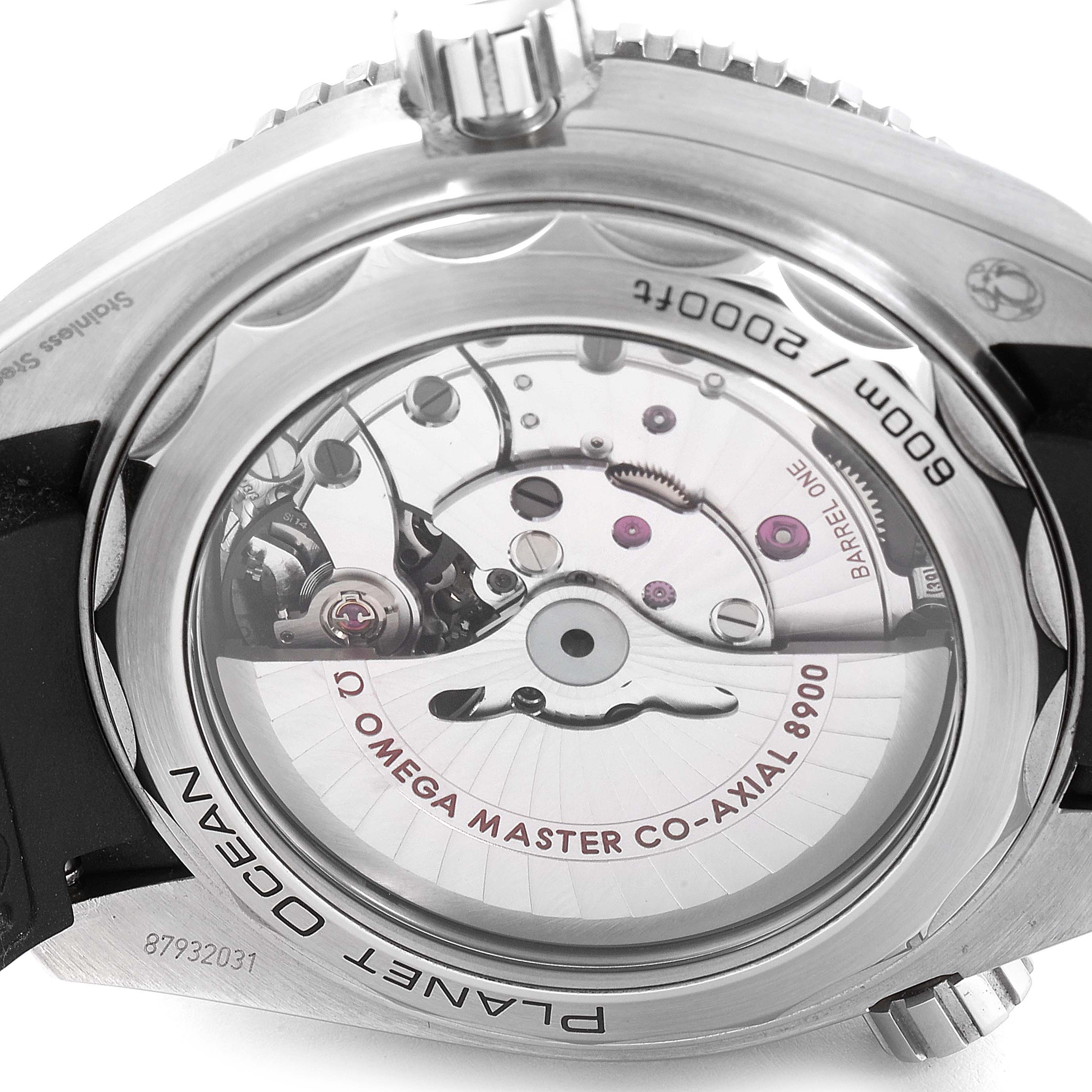 The image shows the back view of the Omega Planet Ocean 215.33.44.21.01.001  Men
s Stainless Steel Black Dial 215.33.44.21.01.001  Men
s Stainless Steel Black Dial watch, detailing the movement and engravings.