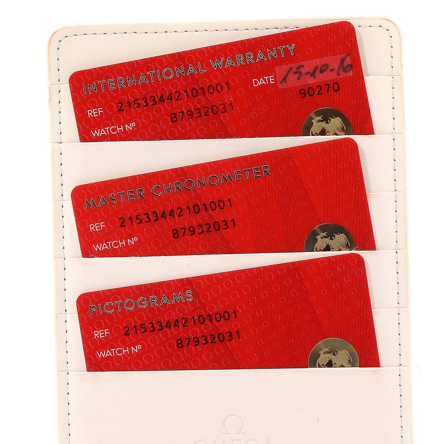 The image shows warranty cards for the Omega Planet Ocean 215.33.44.21.01.001  Men
s Stainless Steel Black Dial 215.33.44.21.01.001  Men
s Stainless Steel Black Dial model, placed in a white cardholder.