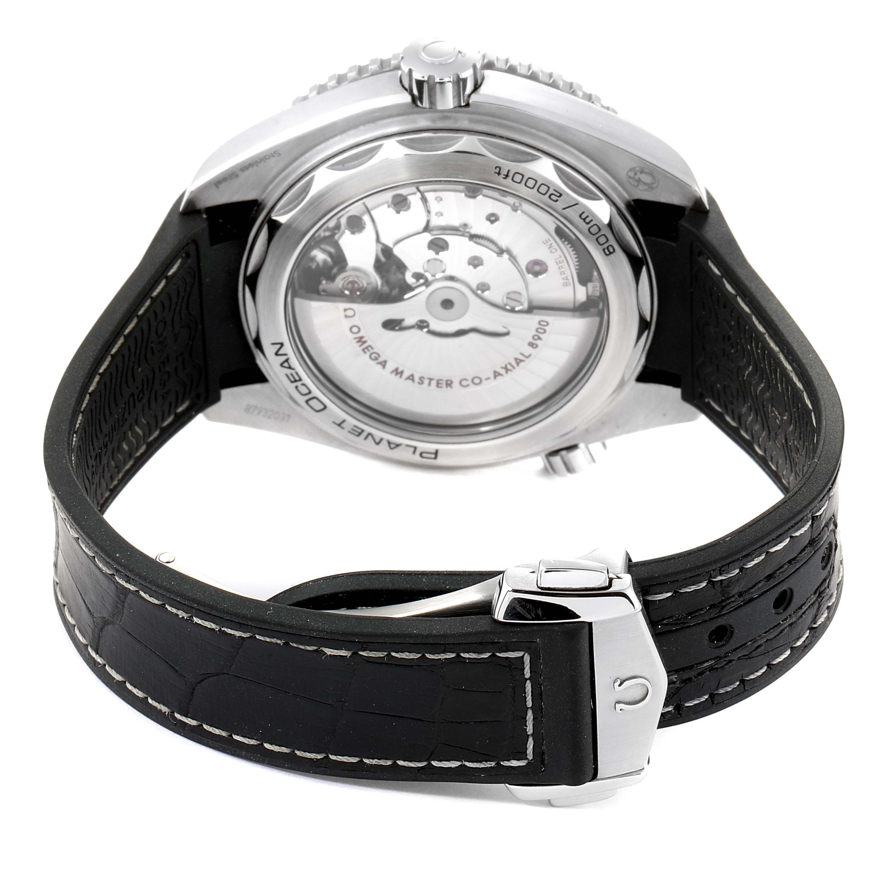 The image shows the back view of the Omega Planet Ocean 215.33.44.21.01.001  Men
s Stainless Steel Black Dial 215.33.44.21.01.001  Men
s Stainless Steel Black Dial watch, featuring its case back, movement, and leather strap with buckle.