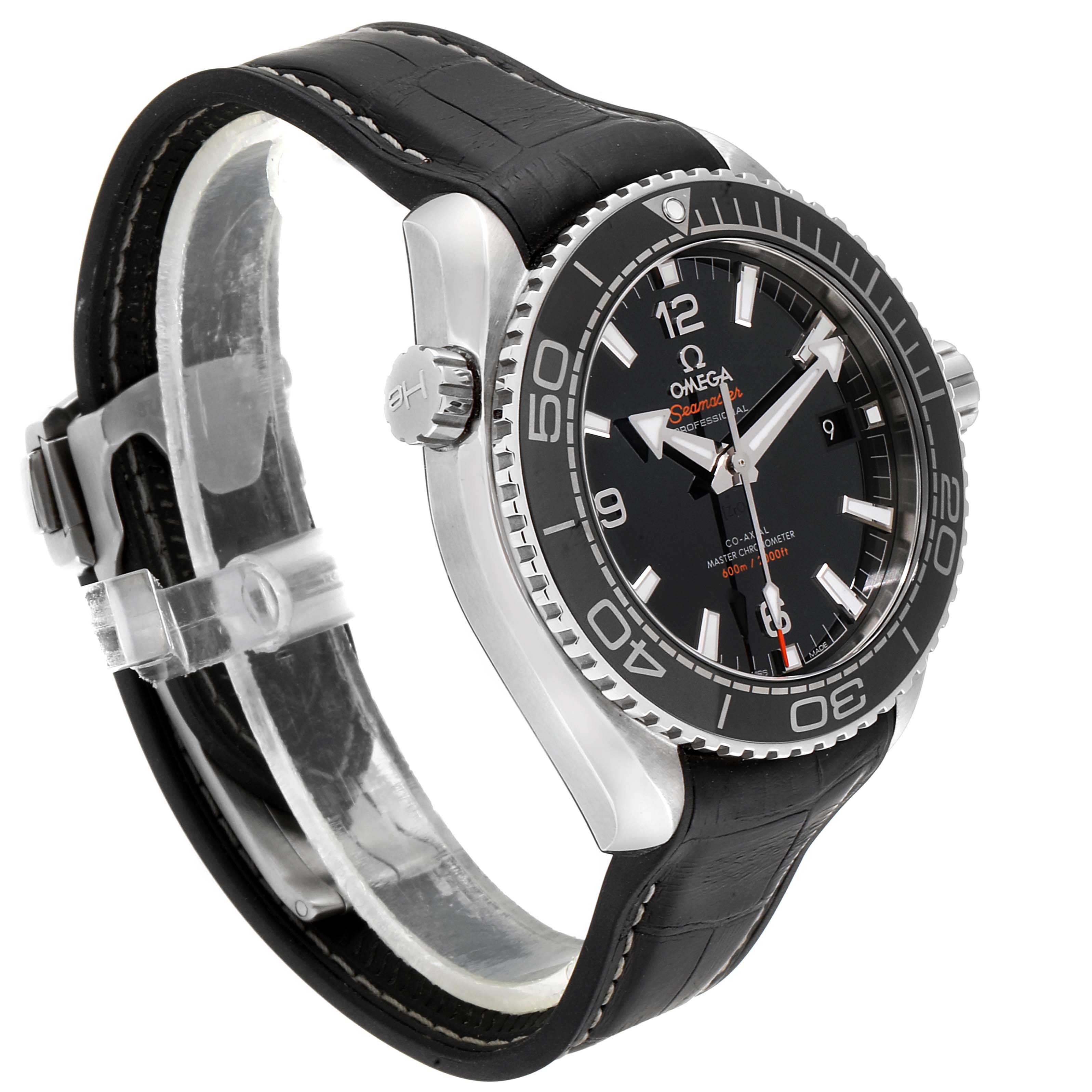 The image shows the Omega Planet Ocean 215.33.44.21.01.001  Men
s Stainless Steel Black Dial 215.33.44.21.01.001  Men
s Stainless Steel Black Dial watch from a three-quarter side view, displaying the face, bezel, crown, and strap.