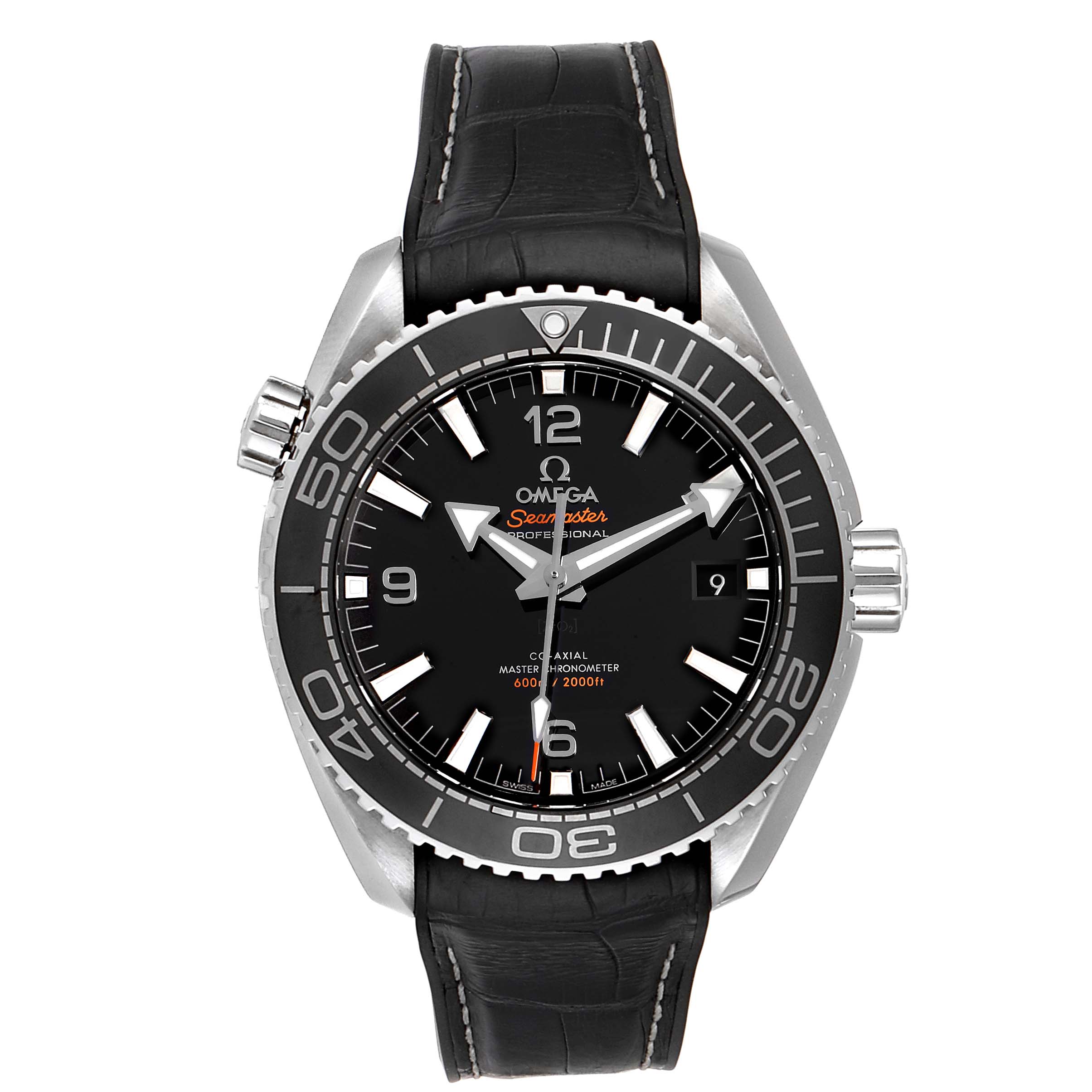 The image shows a front view of an Omega Seamaster Planet Ocean watch with a black dial and rotating bezel.