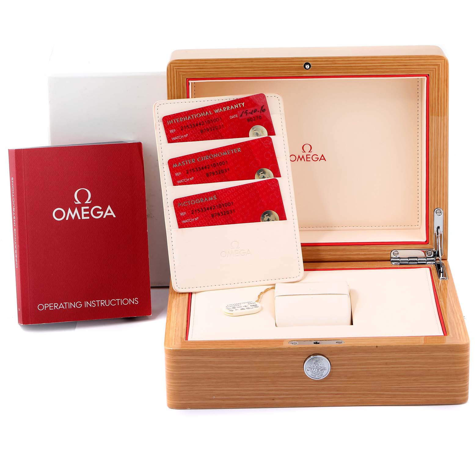 The image shows the Omega Planet Ocean 215.33.44.21.01.001  Men
s Stainless Steel Black Dial 215.33.44.21.01.001  Men
s Stainless Steel Black Dial watch box, warranty cards, and operating instructions from a frontal angle.