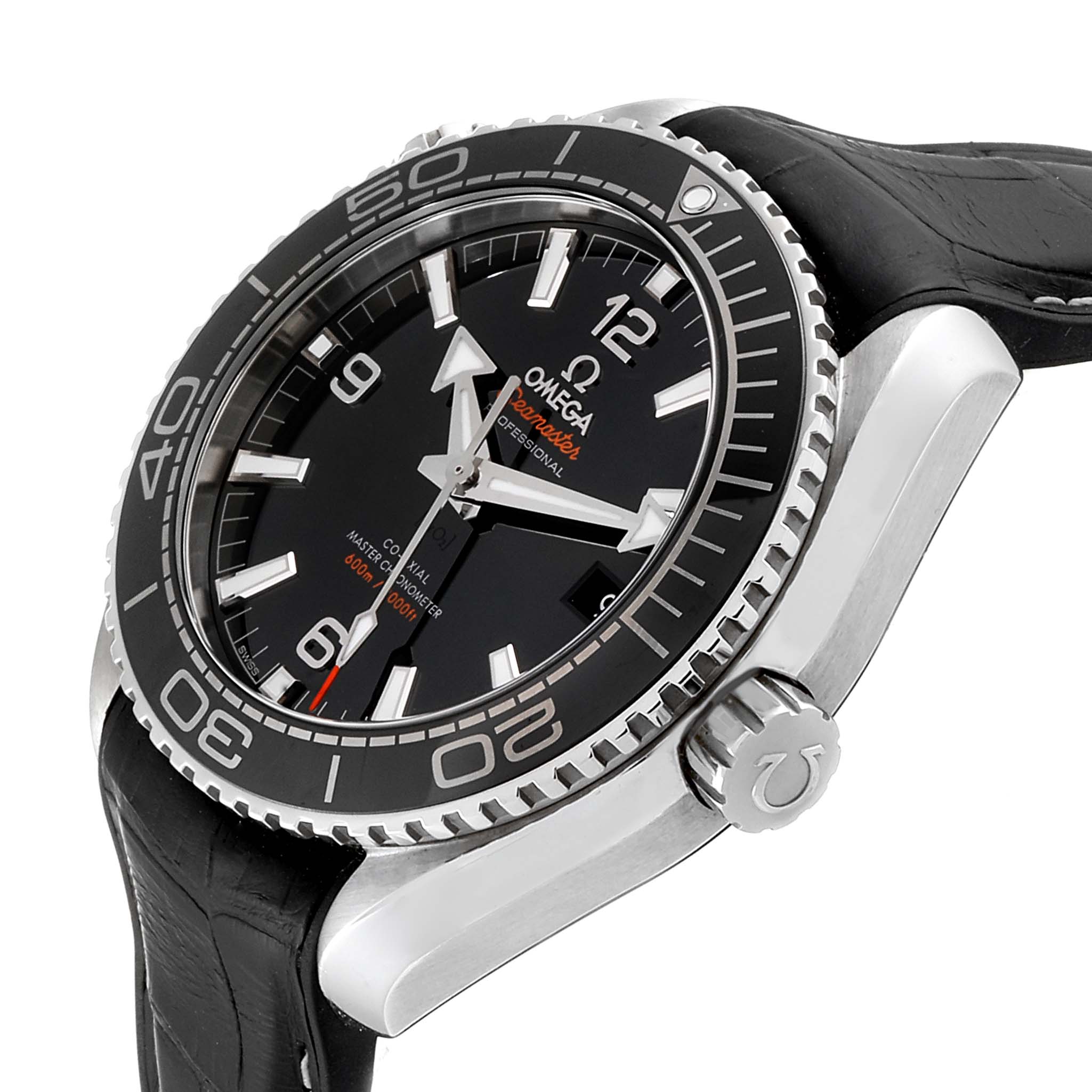 The Omega Planet Ocean 215.33.44.21.01.001  Men
s Stainless Steel Black Dial 215.33.44.21.01.001  Men
s Stainless Steel Black Dial watch is shown at a side angle, displaying the bezel, dial, crown, and part of the leather strap.