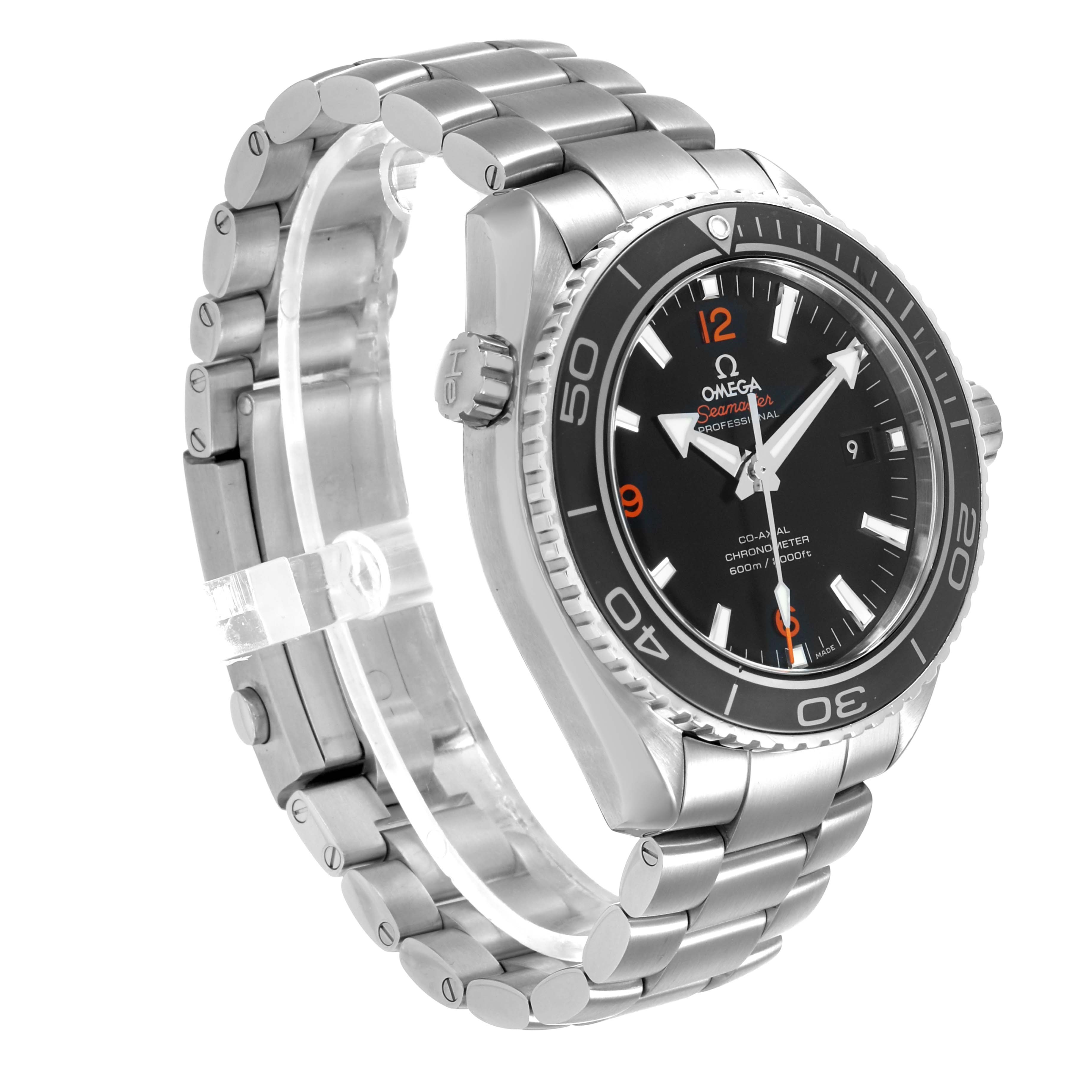 The Omega Planet Ocean 232.30.46.21.01.003 Men's Stainless Steel Black Dial watch is shown at an angled side view, highlighting the bezel, face, crown, and metal bracelet.