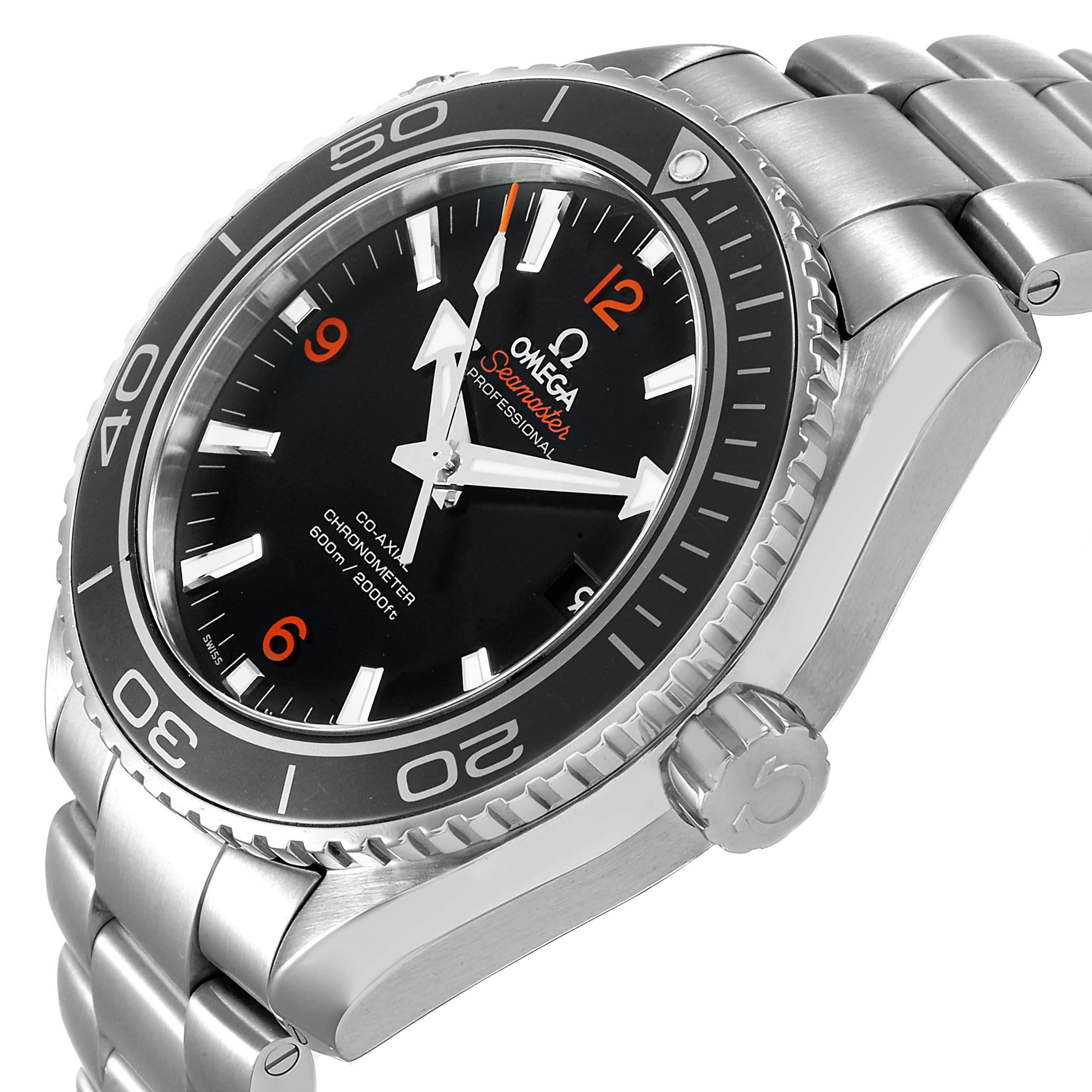 The Omega Planet Ocean 232.30.46.21.01.003 Men's Stainless Steel Black Dial watch is shown at an angled side view, highlighting the bezel, dial, crown, and bracelet.