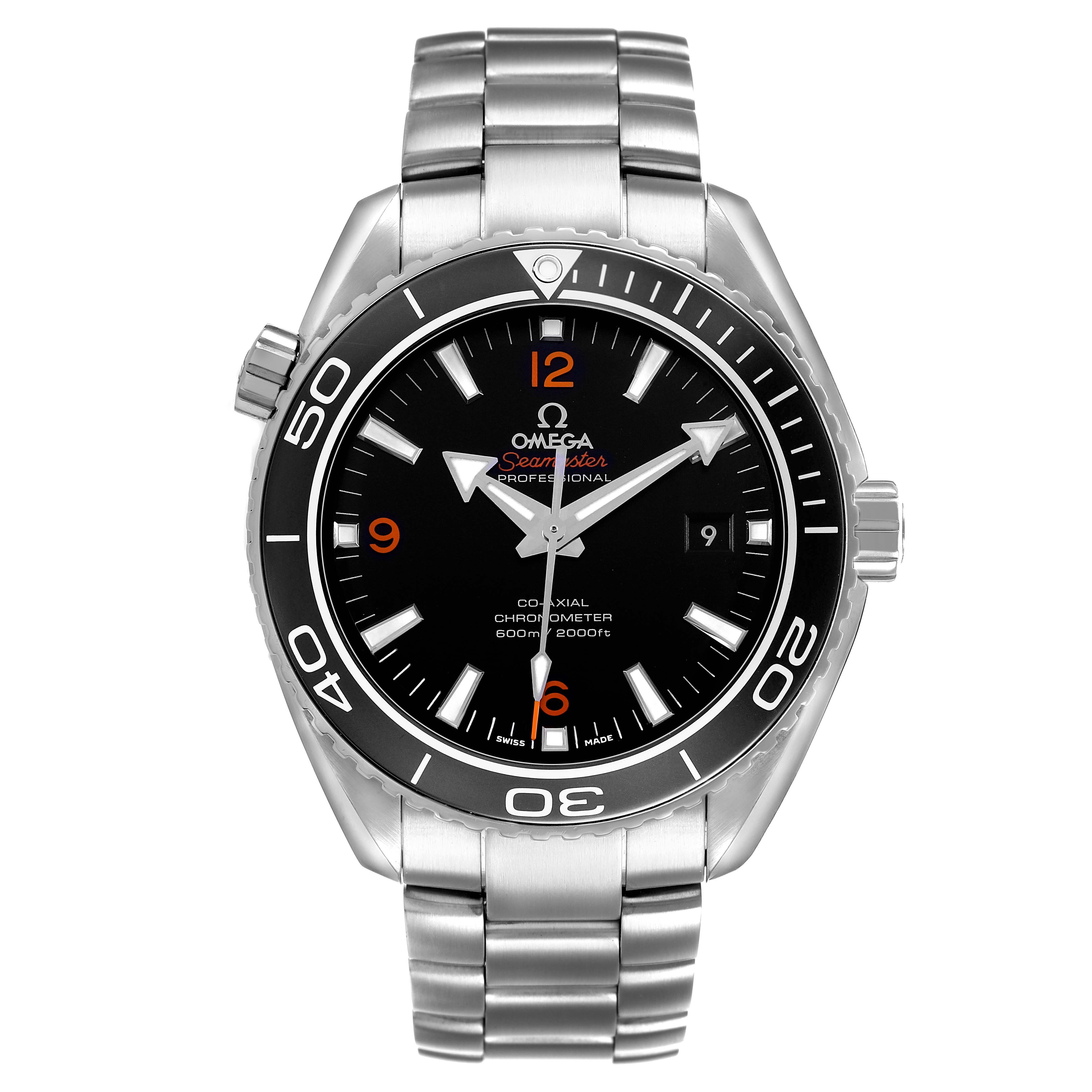 The Omega Planet Ocean 232.30.46.21.01.003 Men's Stainless Steel Black Dial watch is shown from a front angle, highlighting the dial, bezel, crown, and stainless steel bracelet.
