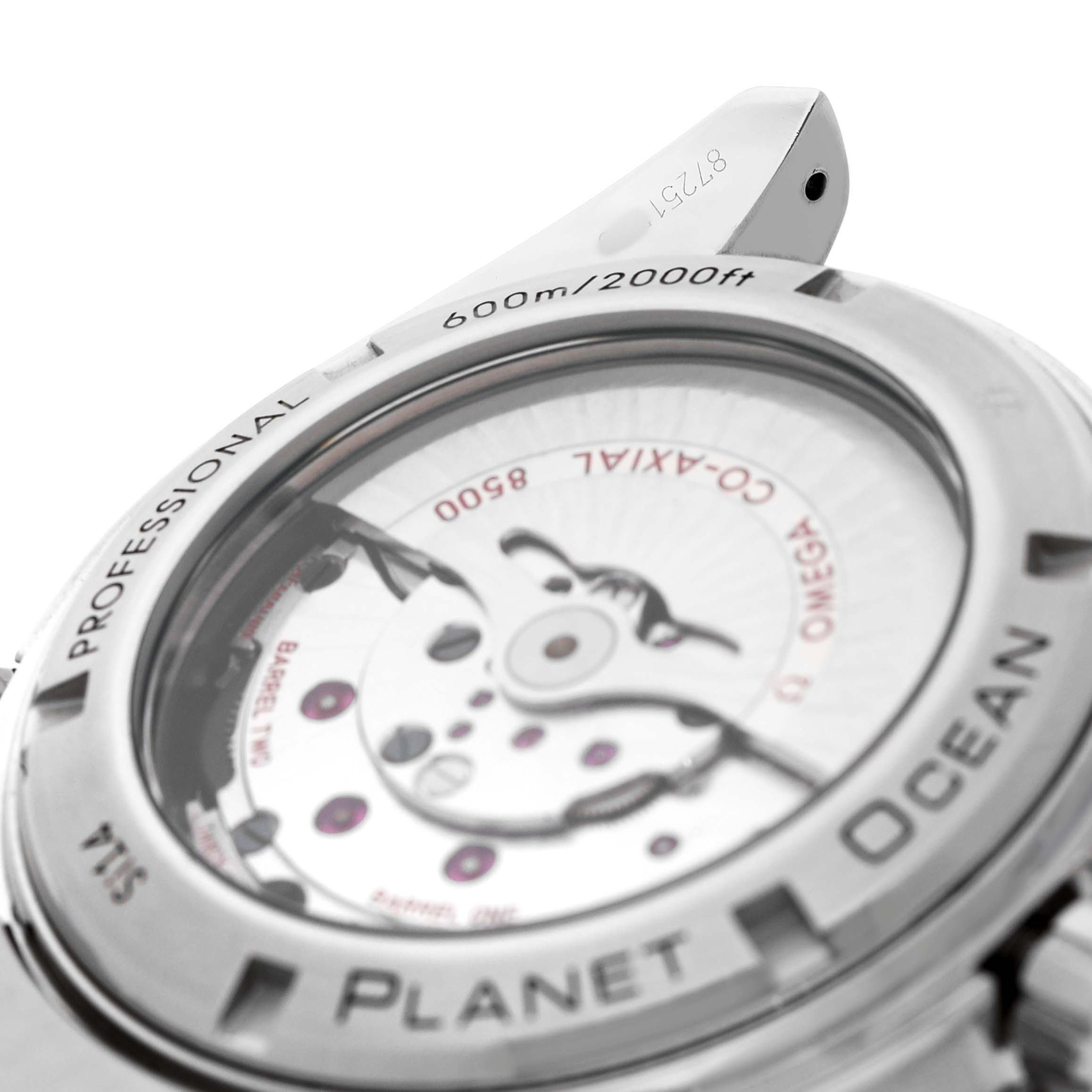 The image shows the back of the Omega Planet Ocean 232.30.46.21.01.003 Men's Stainless Steel Black Dial watch at an angled view, highlighting the transparent case back and visible movement.