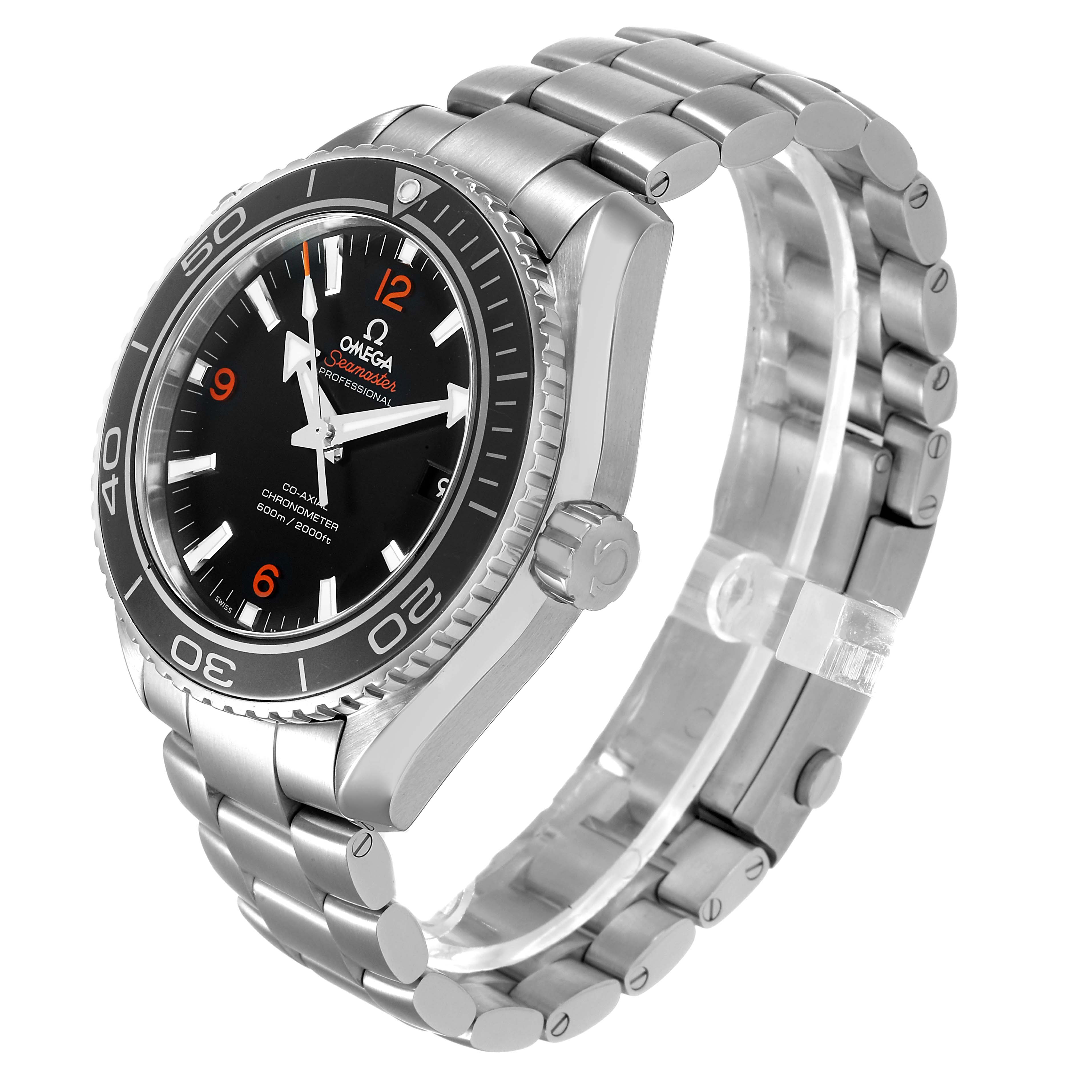 The Omega Planet Ocean 232.30.46.21.01.003 Men's Stainless Steel Black Dial watch is shown at a side angle, displaying the bezel, dial, and stainless steel bracelet.