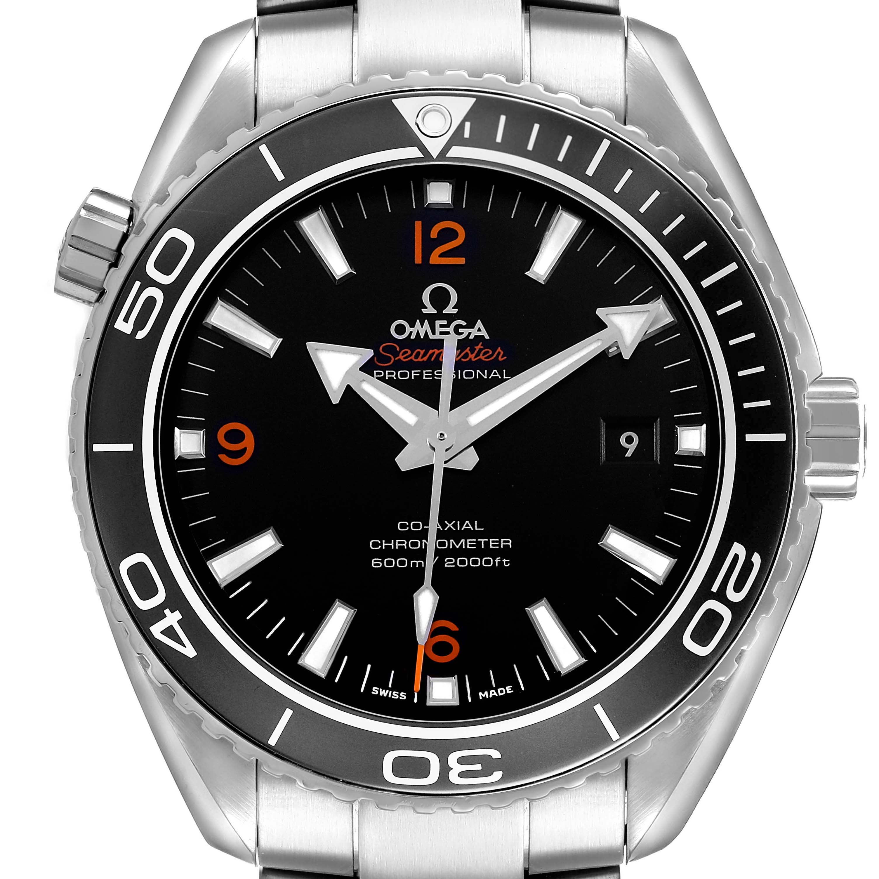 The image shows a front view of the Omega Planet Ocean 232.30.46.21.01.003 Men's Stainless Steel Black Dial's dial, bezel, and bracelet.