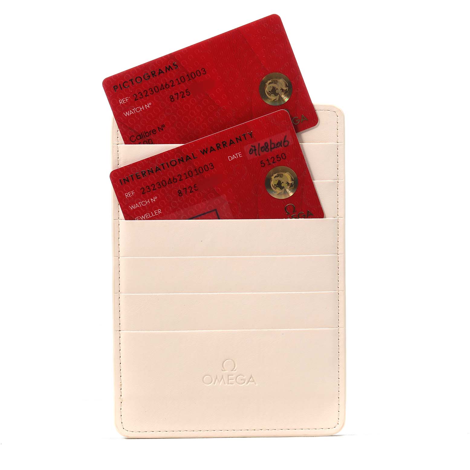 The image shows two red Omega cards, a Pictogram and an International Warranty, in a cream-colored card holder for a Planet Ocean model.