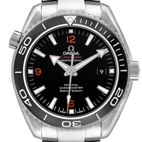 The Omega Planet Ocean 232.30.46.21.01.003 Men's Stainless Steel Black Dial watch is shown from the front, highlighting the face, bezel, and bracelet links.
