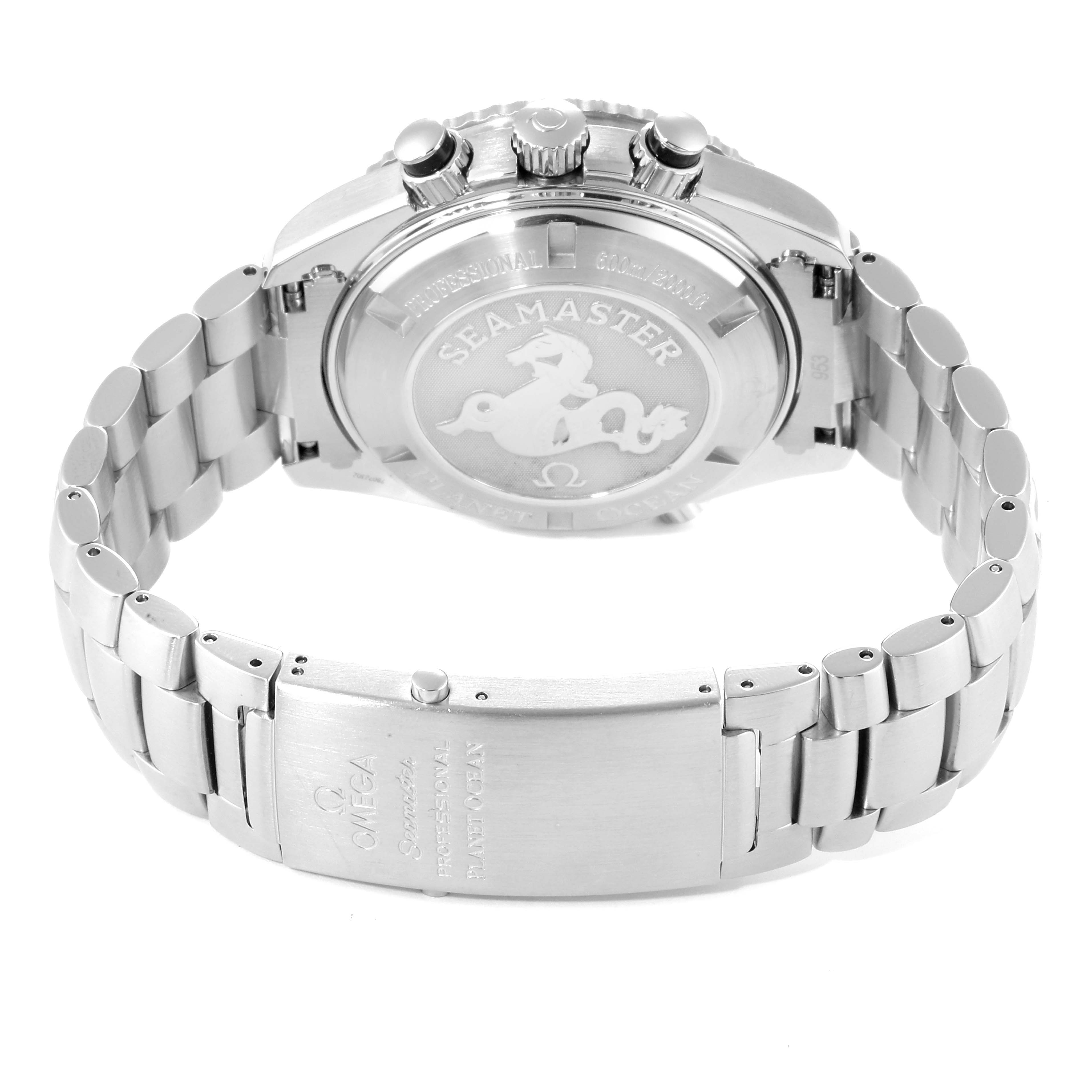 This image shows the back view of the Omega Planet Ocean 2210.51.00 Men
s Stainless Steel Black Dial 2210.51.00 Men
s Stainless Steel Black Dial Seamaster watch, focusing on the clasp and case back.