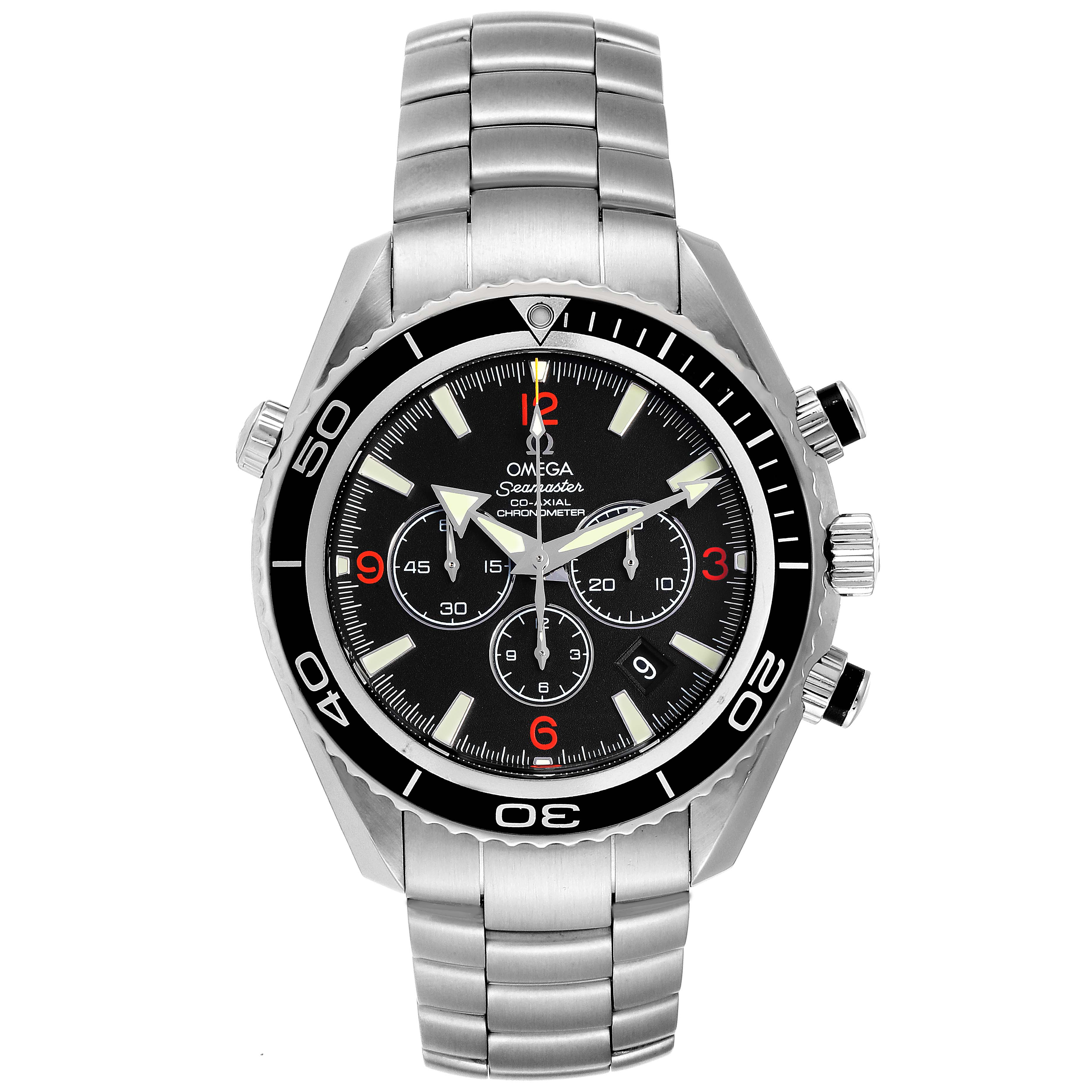 The image shows a front view of the Omega Planet Ocean 2210.51.00 Men
s Stainless Steel Black Dial 2210.51.00 Men
s Stainless Steel Black Dial watch, displaying its face, bezel, and bracelet.