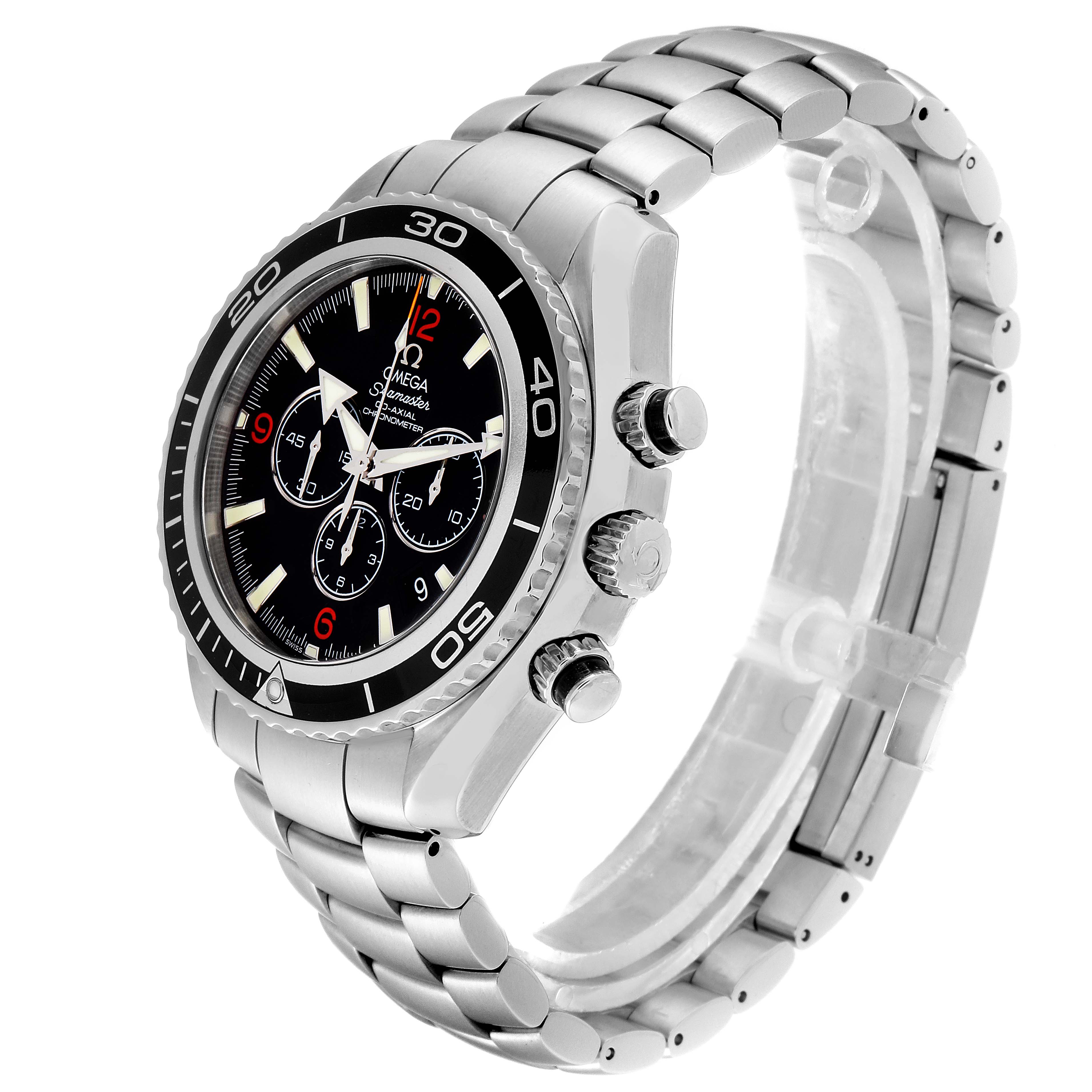 The Omega Planet Ocean 2210.51.00 Men
s Stainless Steel Black Dial 2210.51.00 Men
s Stainless Steel Black Dial watch is shown at an angle highlighting the face, bezel, crown, and bracelet.