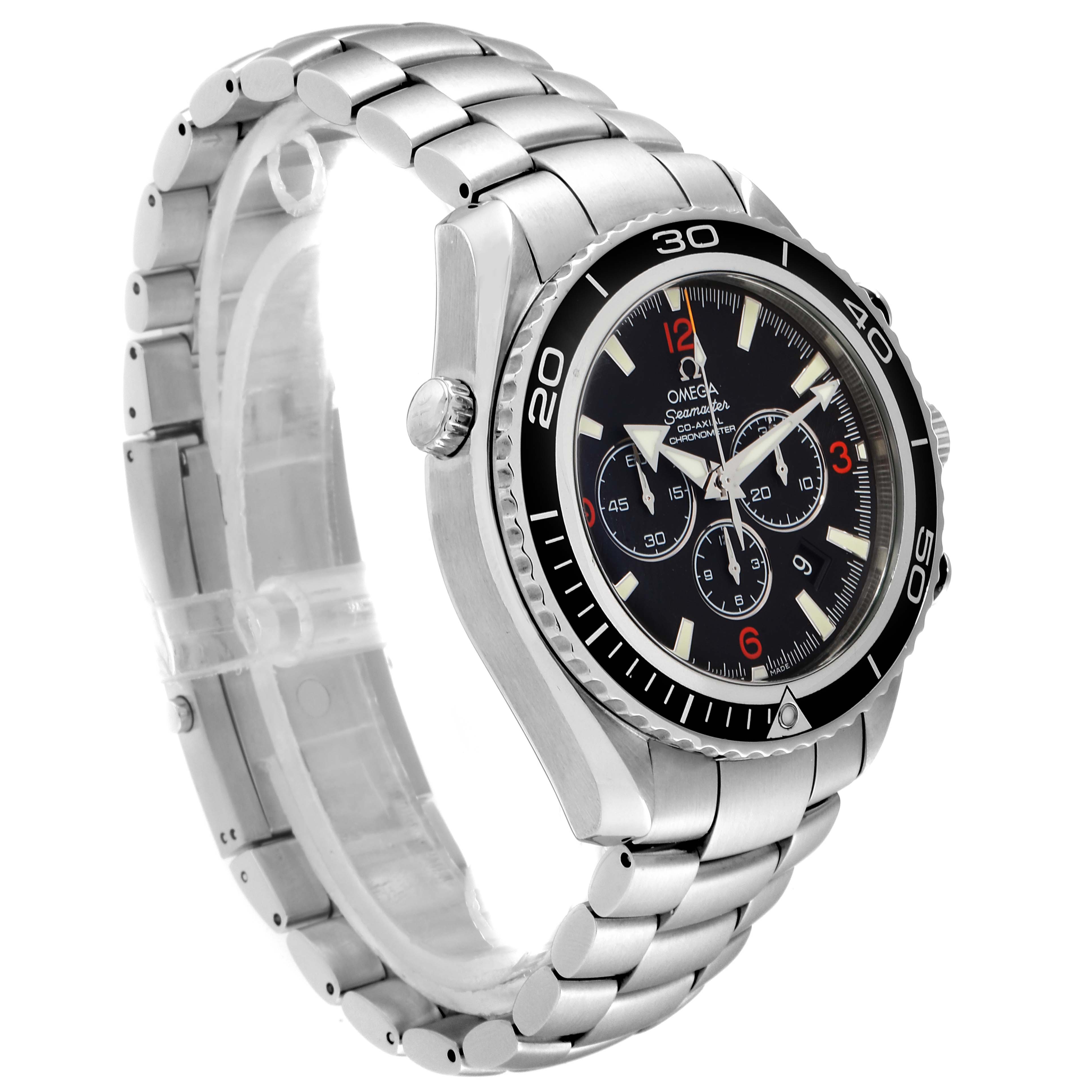 The image shows a side and front angle of an Omega Planet Ocean 2210.51.00 Men
s Stainless Steel Black Dial 2210.51.00 Men
s Stainless Steel Black Dial watch, featuring the bezel, dial, and bracelet.