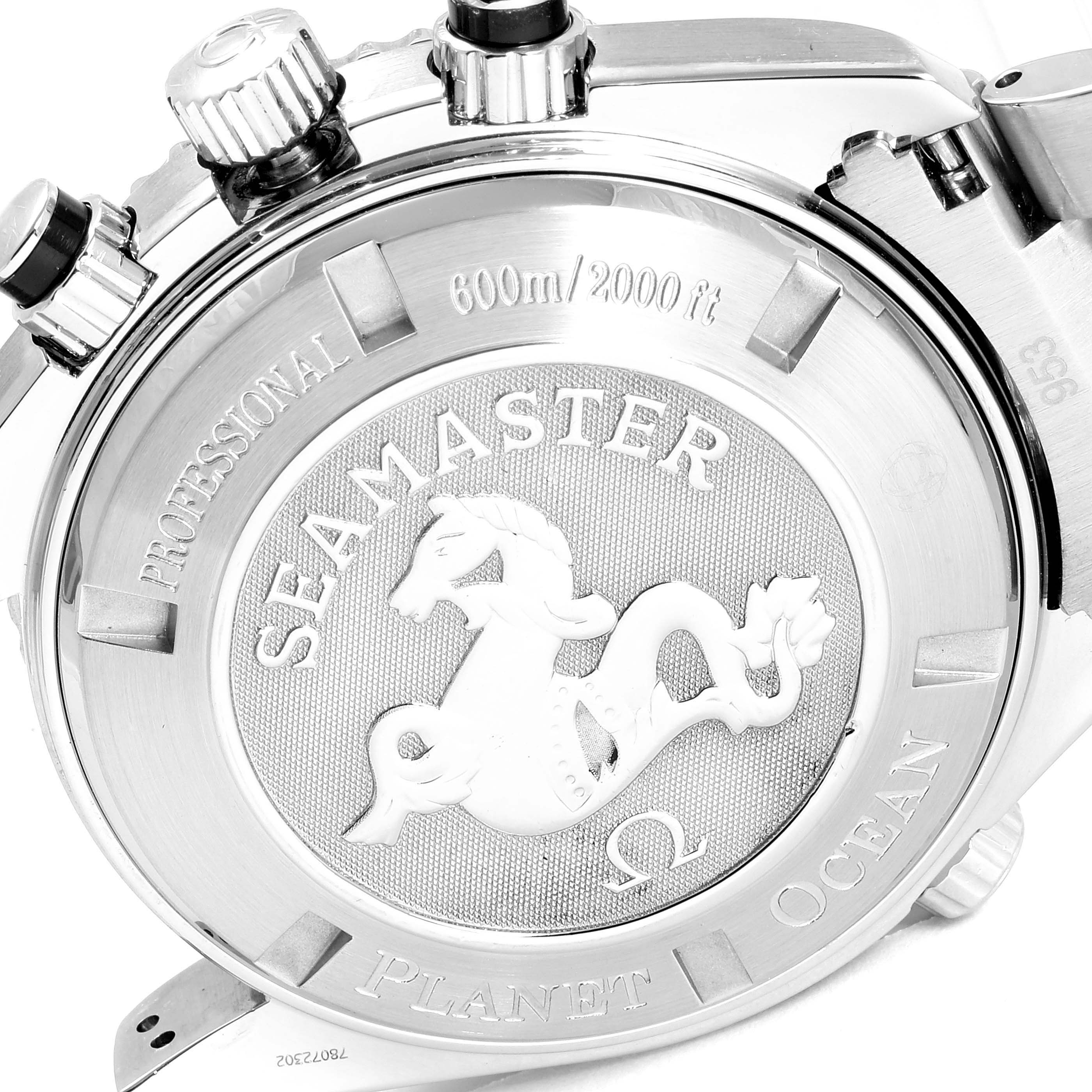 The image shows the back case and crown of the Omega Seamaster Planet Ocean watch.