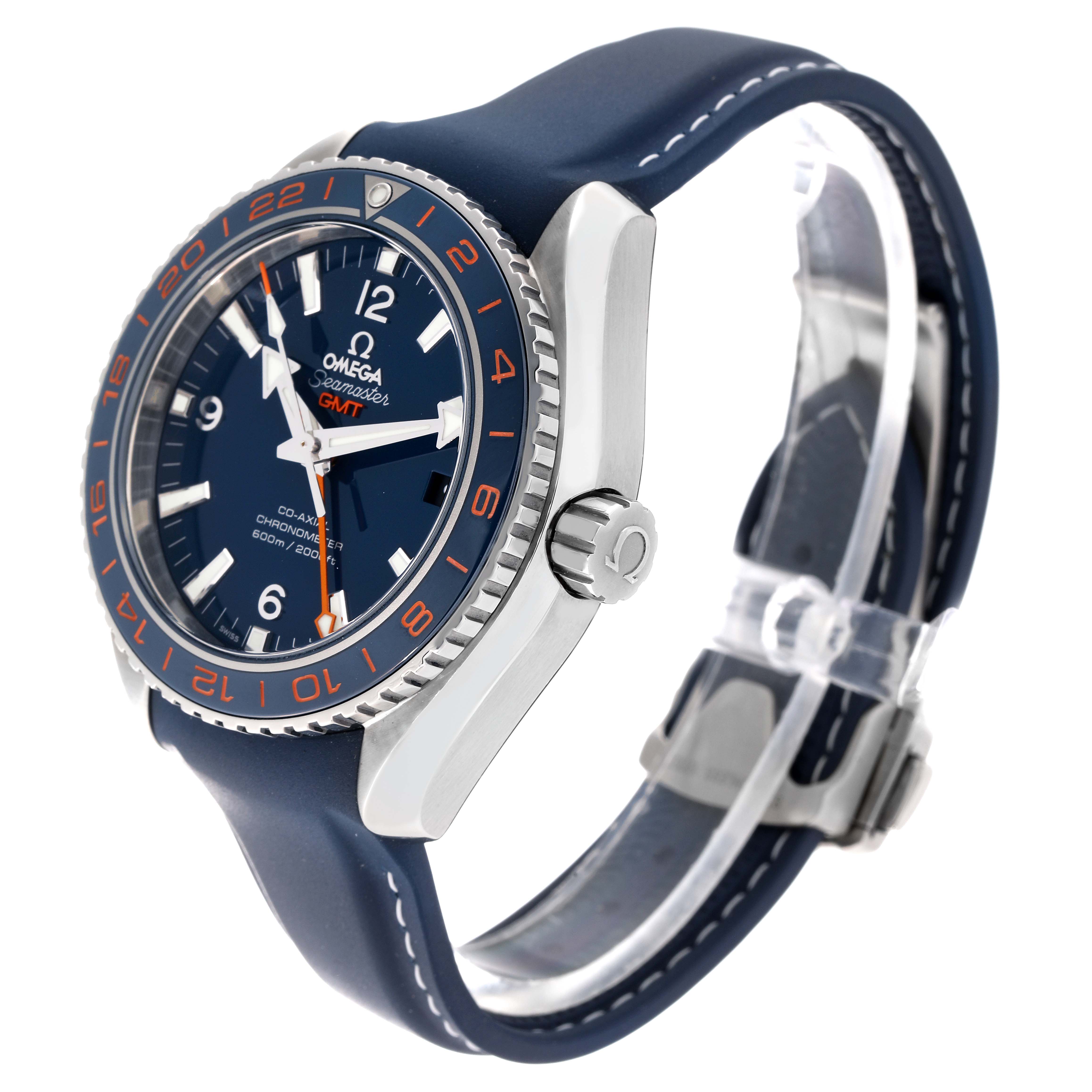 This image features the Omega Planet Ocean 232.32.44.22.03.001 Men's Stainless Steel Blue Dial 232.32.44.22.03.001 Men's Stainless Steel Blue Dial model watch, shown in a three-quarter angle, highlighting the dial, bezel, crown, and strap.