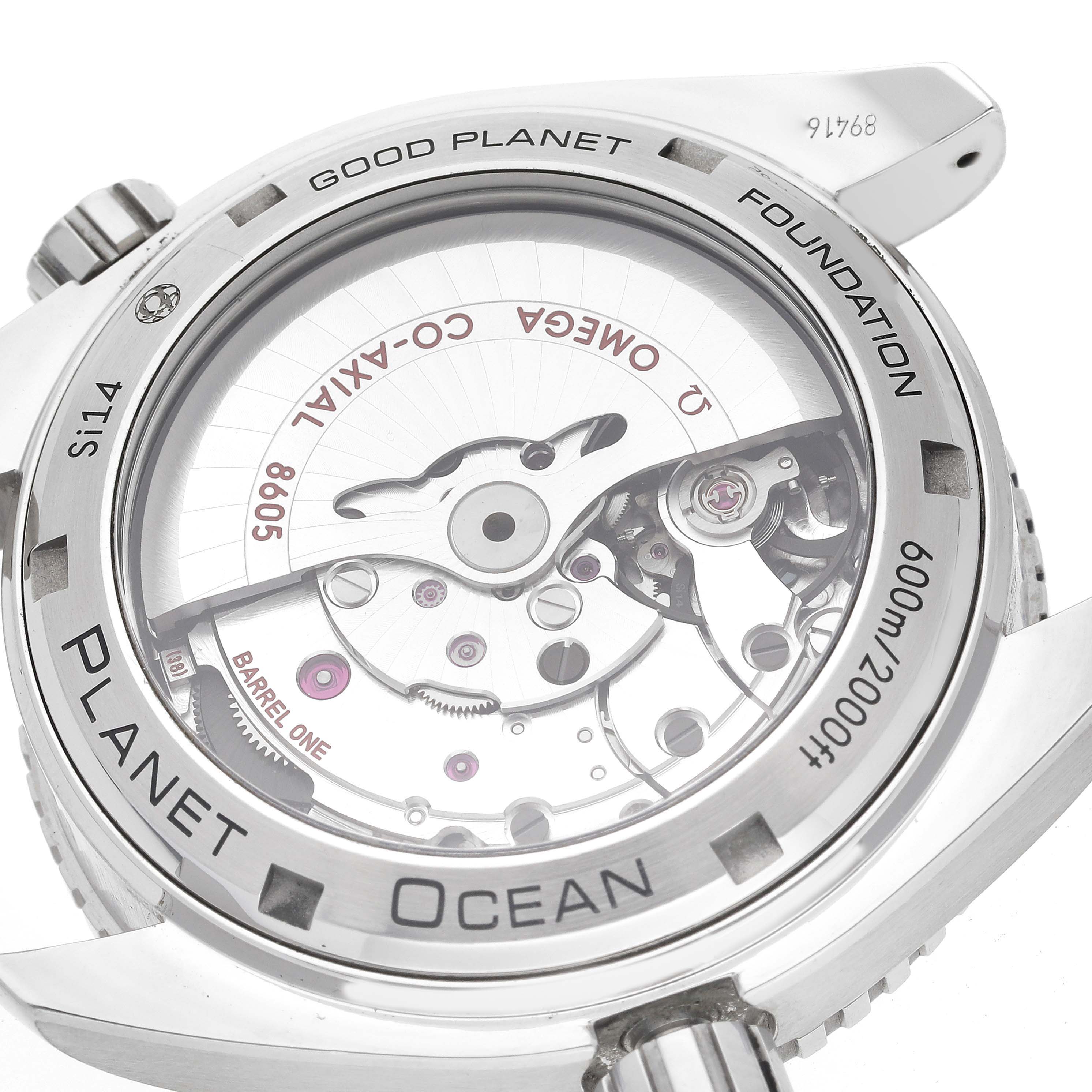 This image shows the back view of the Omega Planet Ocean 232.32.44.22.03.001 Men's Stainless Steel Blue Dial 232.32.44.22.03.001 Men's Stainless Steel Blue Dial watch, highlighting its intricate inner mechanism.