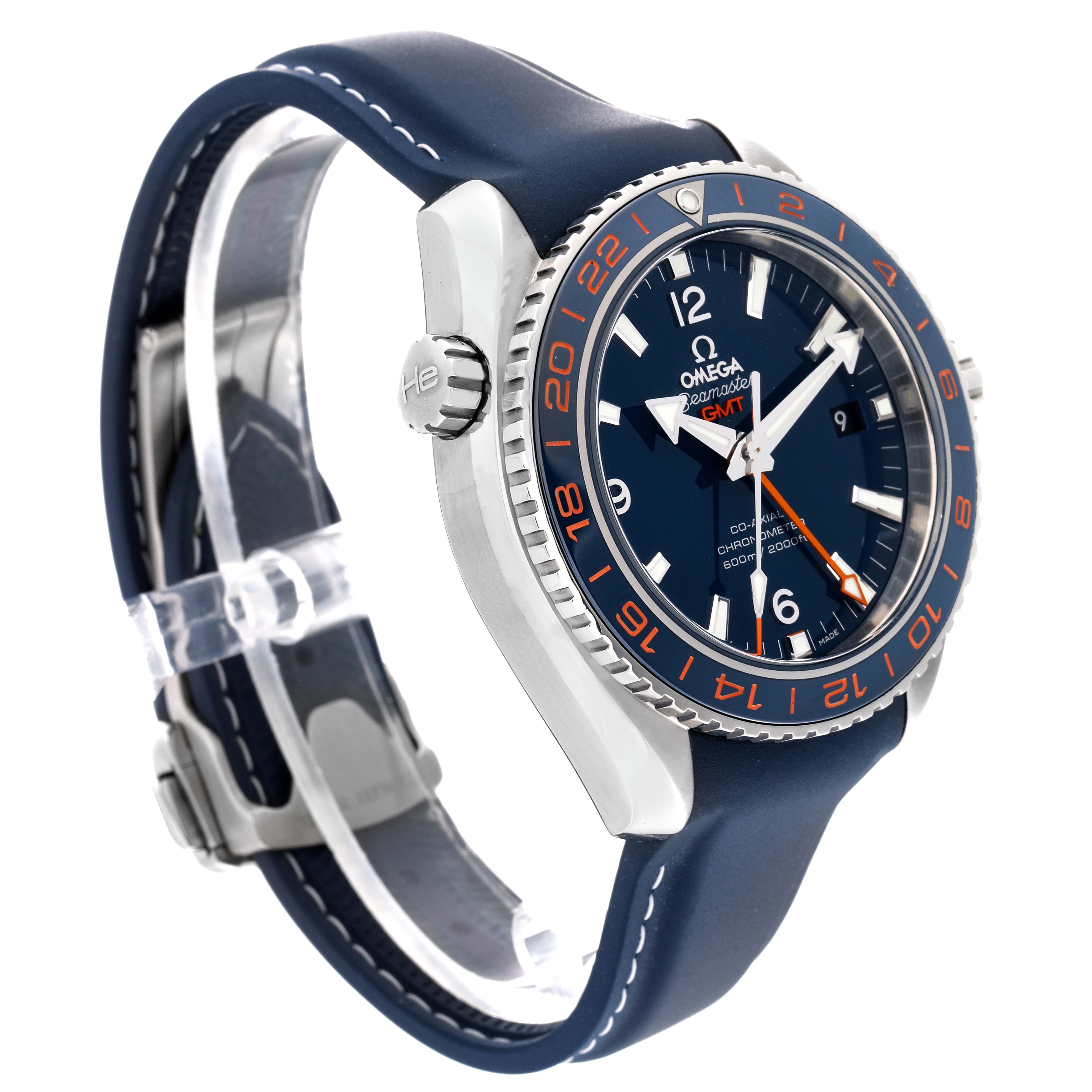 The Omega Planet Ocean 232.32.44.22.03.001 Men's Stainless Steel Blue Dial 232.32.44.22.03.001 Men's Stainless Steel Blue Dial watch is shown at a three-quarter angle, highlighting the face, bezel, and strap.