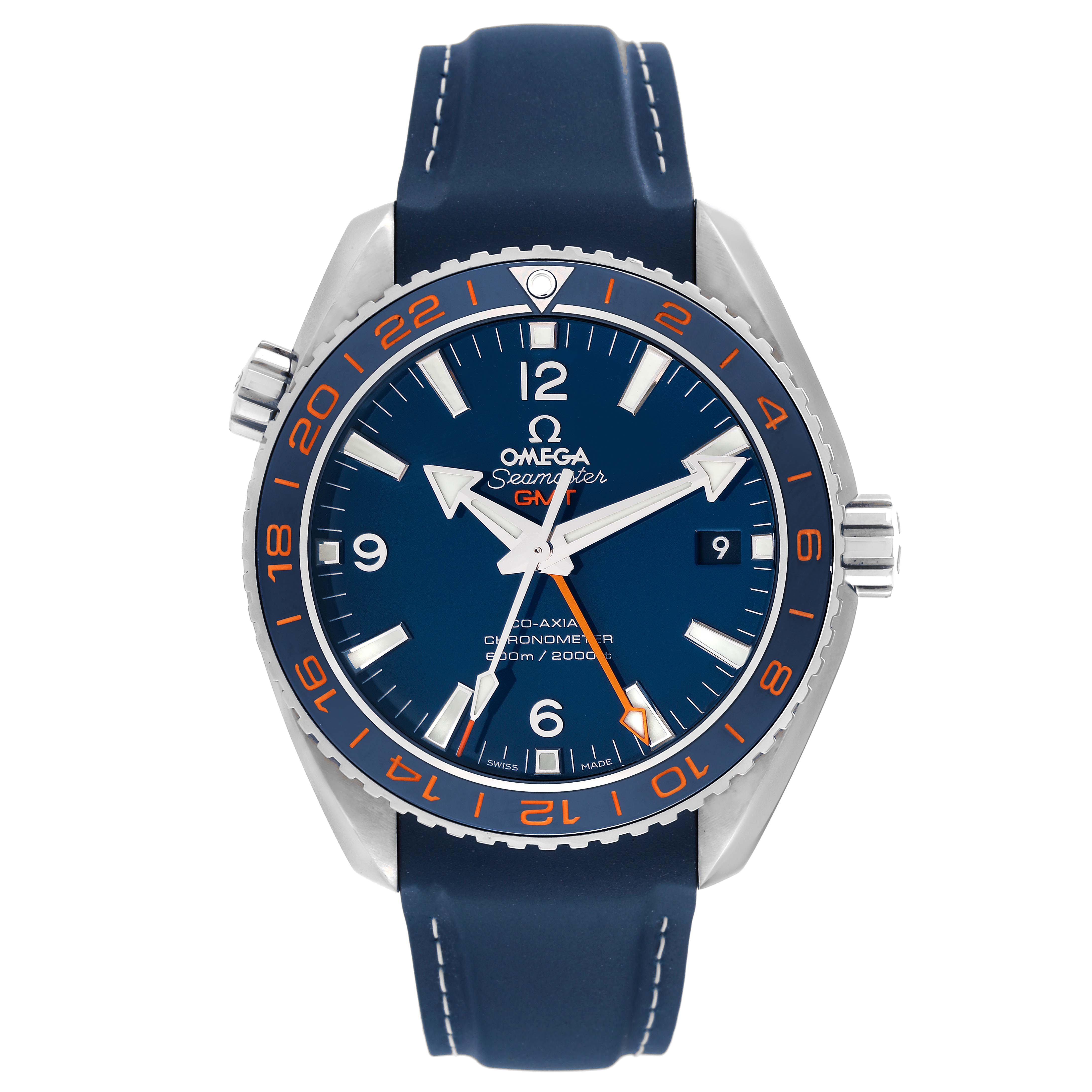 The image shows a front view of the Omega Planet Ocean 232.32.44.22.03.001 Men's Stainless Steel Blue Dial 232.32.44.22.03.001 Men's Stainless Steel Blue Dial watch, highlighting the blue dial, bezel, and strap with orange accents.