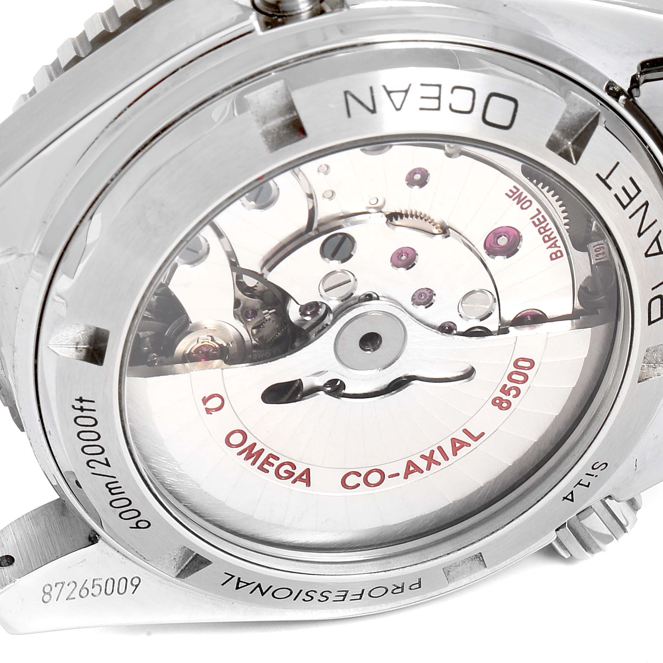 The image shows the back view of the Omega Planet Ocean 232.30.42.21.01.002 Men
s Stainless Steel Black Dial 232.30.42.21.01.002 Men
s Stainless Steel Black Dial watch displaying its internal mechanism and engravings.