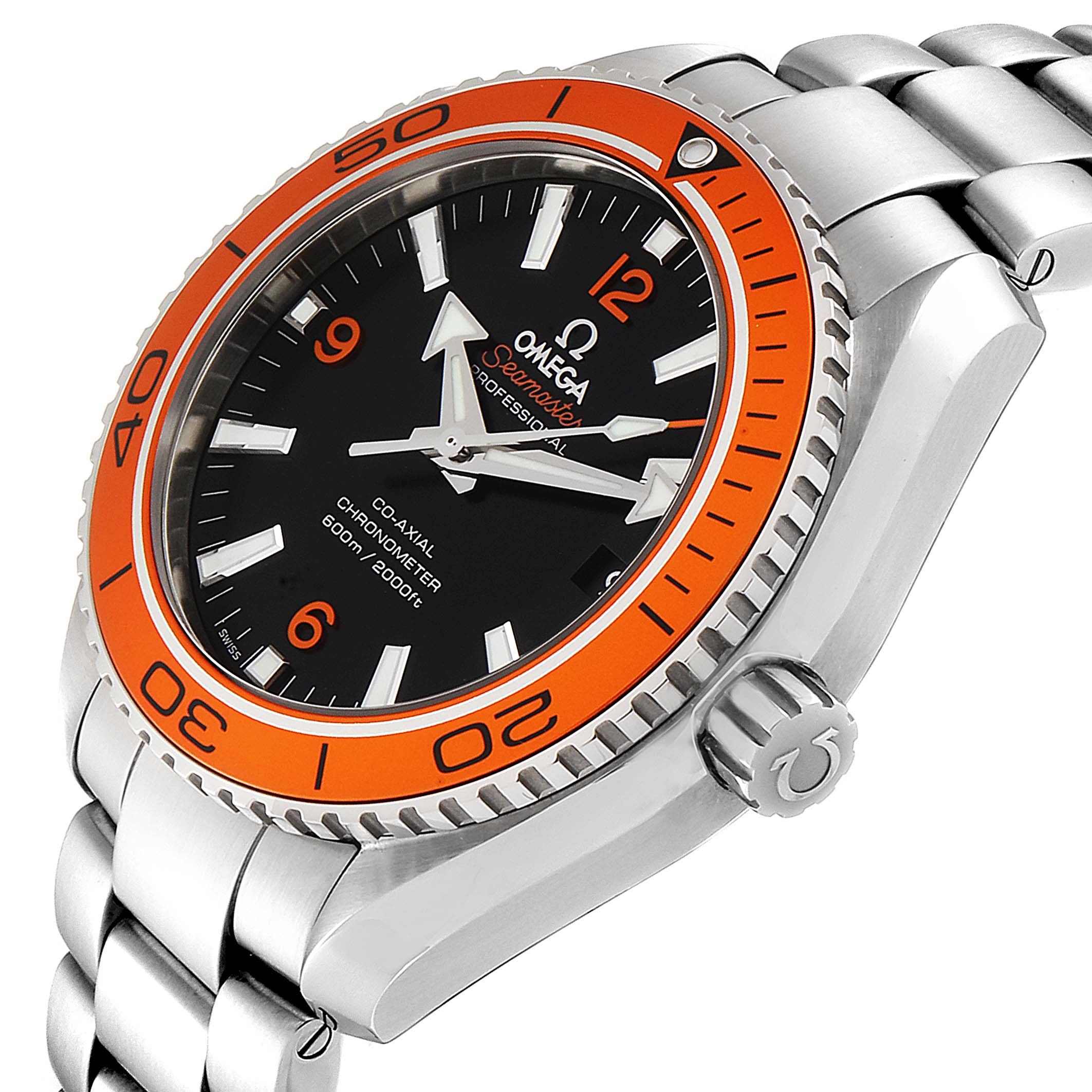 The Omega Planet Ocean 232.30.42.21.01.002 Men
s Stainless Steel Black Dial 232.30.42.21.01.002 Men
s Stainless Steel Black Dial watch is shown at a slight angle, displaying its orange bezel, black dial, and stainless steel bracelet.