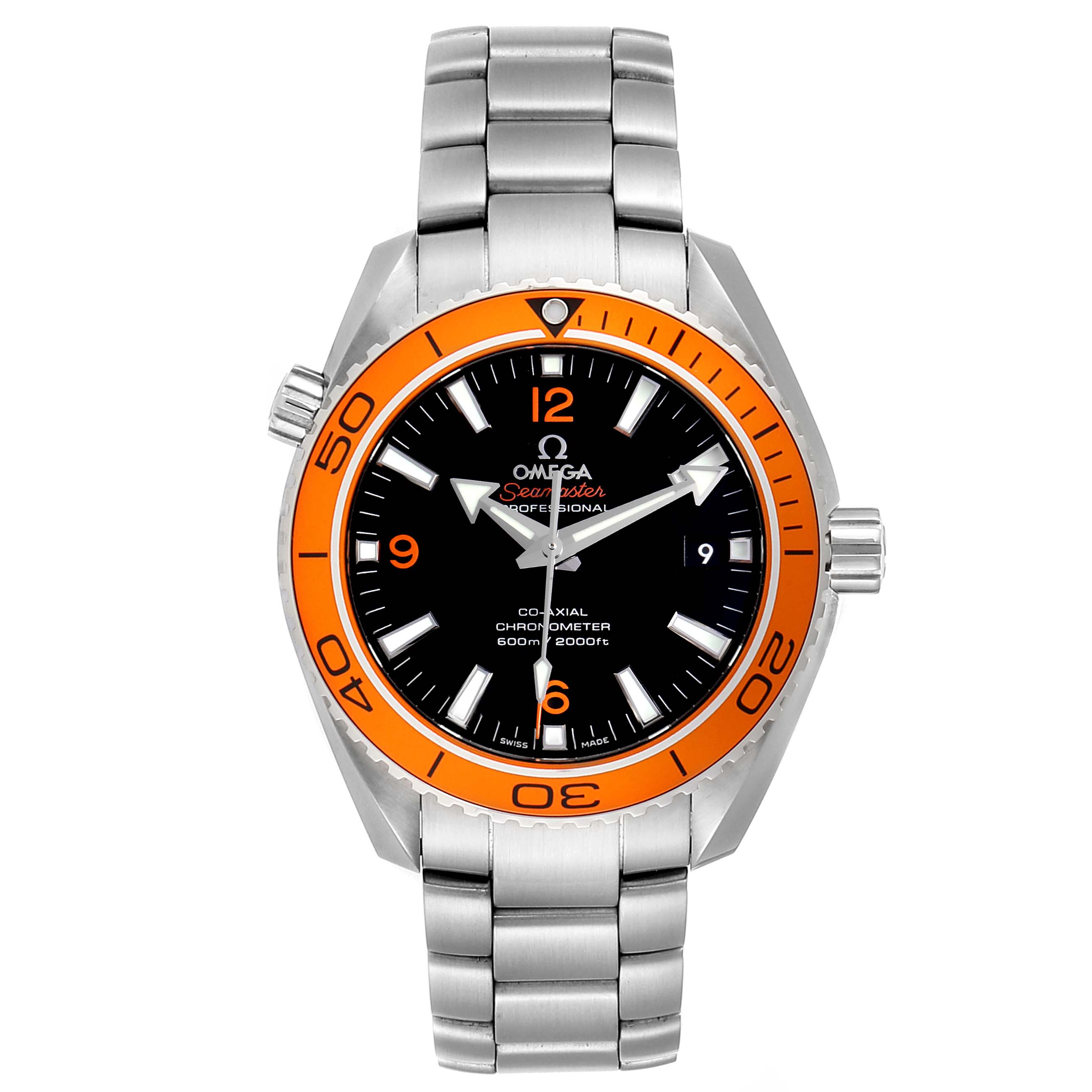 This image shows a front view of the Omega Planet Ocean 232.30.42.21.01.002 Men
s Stainless Steel Black Dial 232.30.42.21.01.002 Men
s Stainless Steel Black Dial watch, featuring an orange bezel, black dial, and stainless steel bracelet.