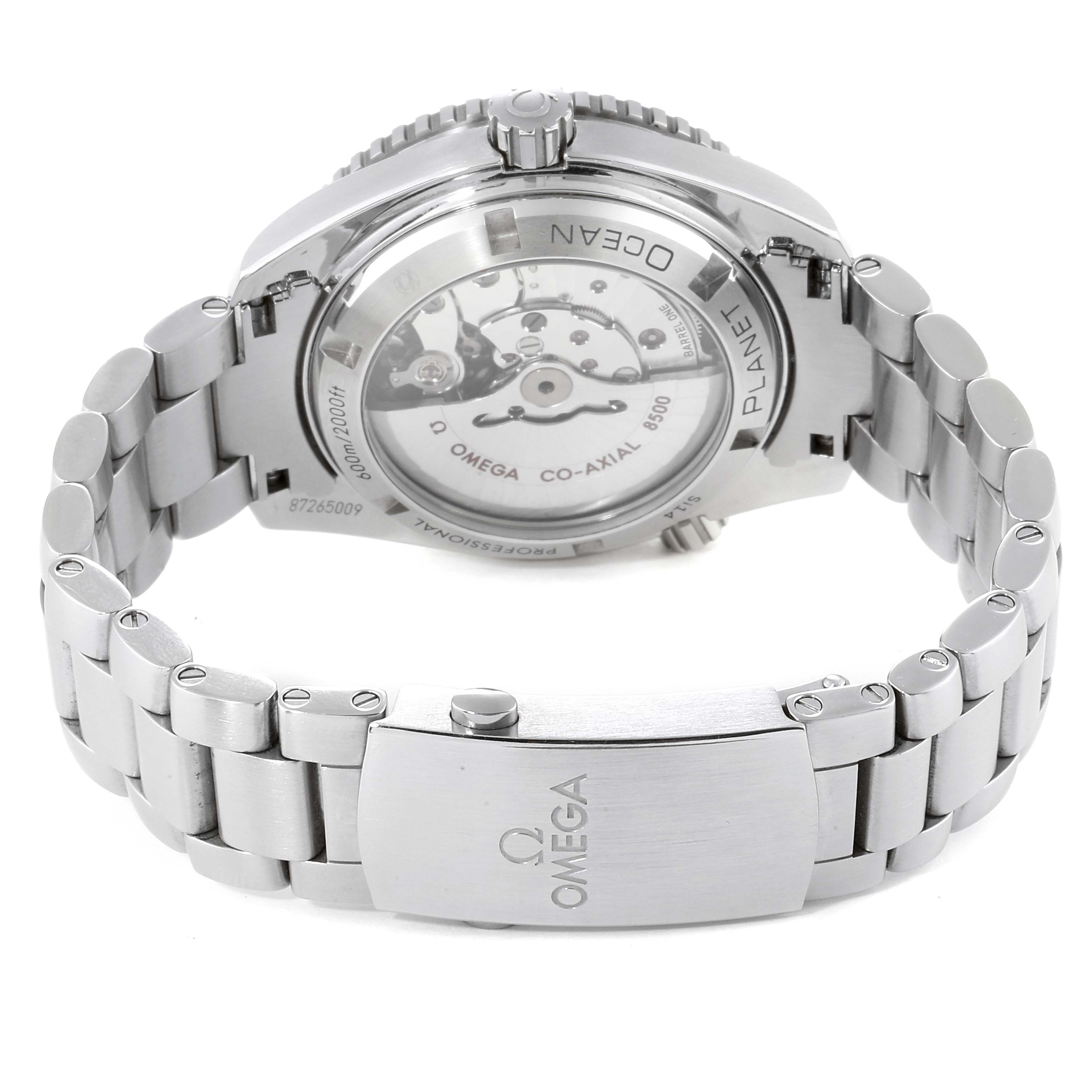 The image shows a rear angle of the Omega Planet Ocean 232.30.42.21.01.002 Men
s Stainless Steel Black Dial 232.30.42.21.01.002 Men
s Stainless Steel Black Dial watch, highlighting the open case back and metal bracelet with a clasp.