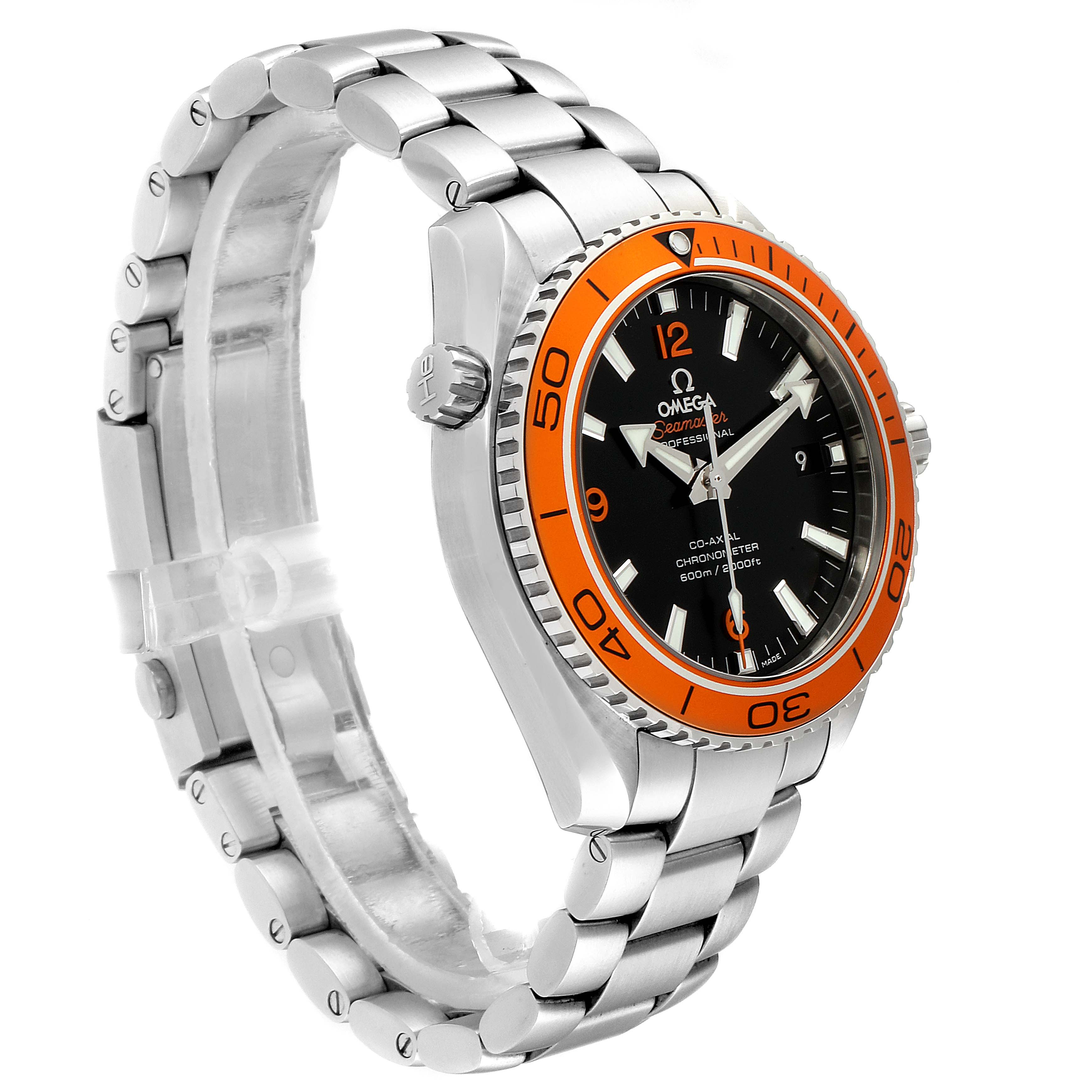 The Omega Planet Ocean 232.30.42.21.01.002 Men
s Stainless Steel Black Dial 232.30.42.21.01.002 Men
s Stainless Steel Black Dial watch is shown at a side angle highlighting the orange bezel, crown, and metal bracelet.