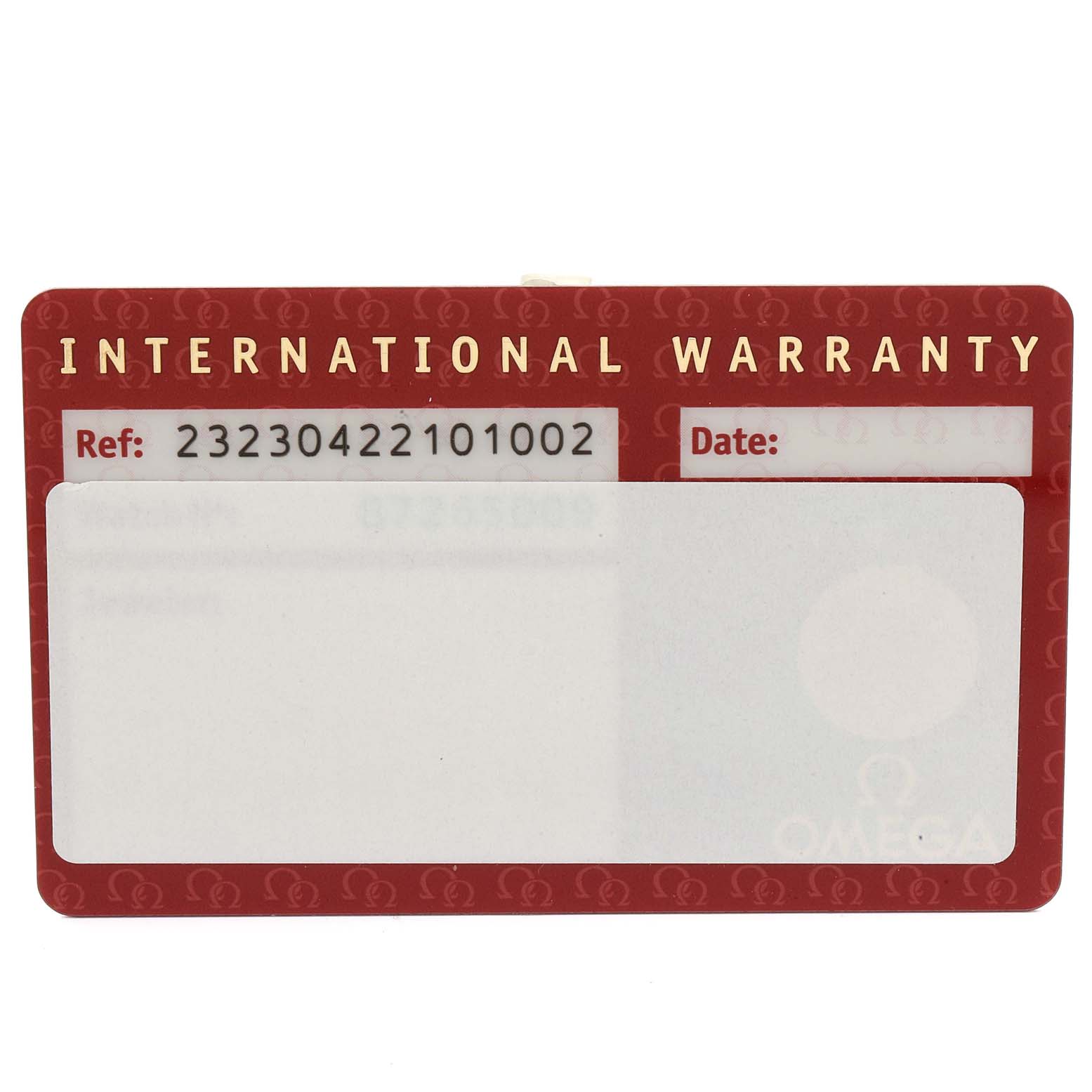 The image shows the international warranty card for the Omega Planet Ocean 232.30.42.21.01.002 Men
s Stainless Steel Black Dial 232.30.42.21.01.002 Men
s Stainless Steel Black Dial model, displayed front-facing.