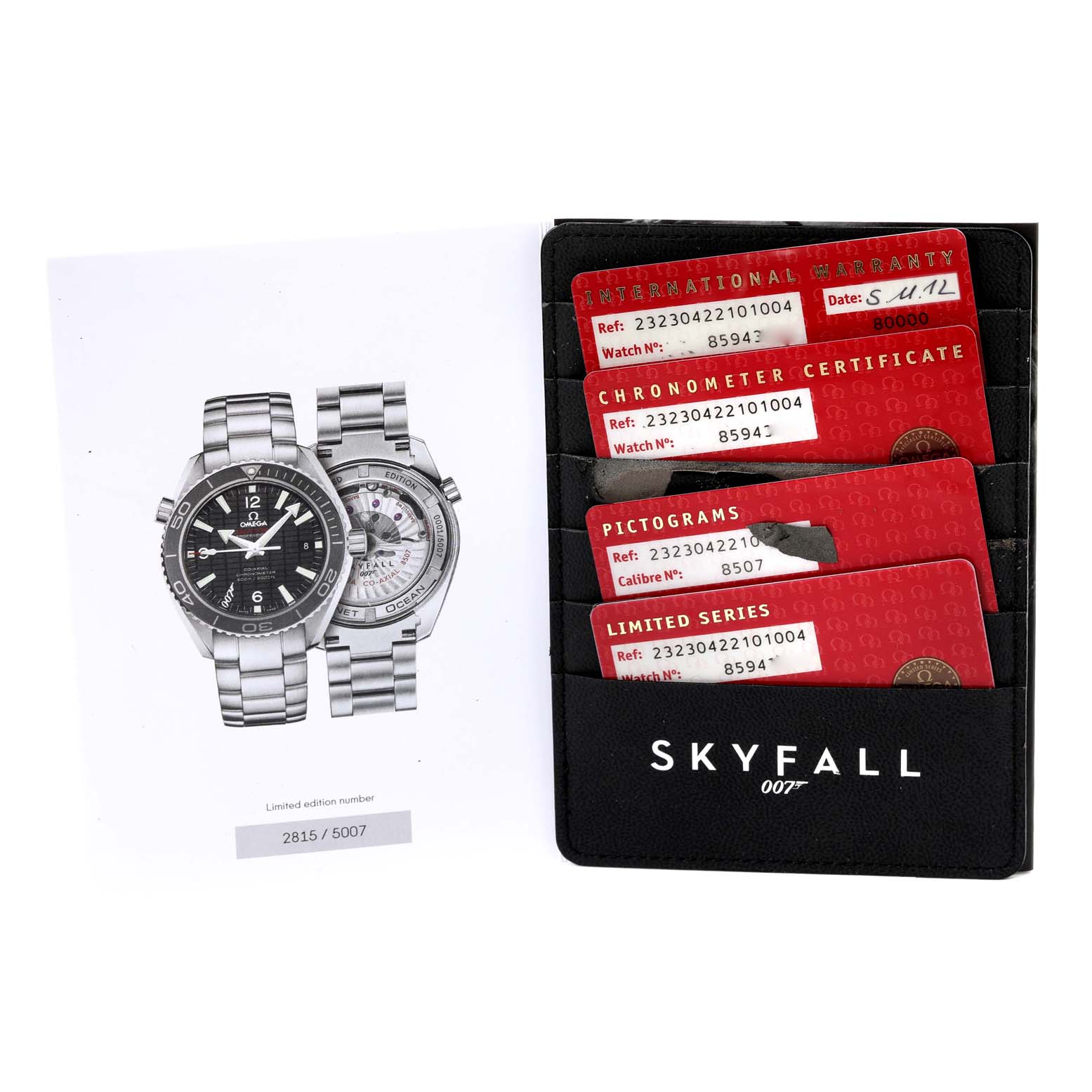 The image shows an Omega Planet Ocean 232.30.42.21.01.004 Men
s Stainless Steel Black Dial 232.30.42.21.01.004 Men
s Stainless Steel Black Dial watch from the front and back, with its warranty card holder and certification cards.