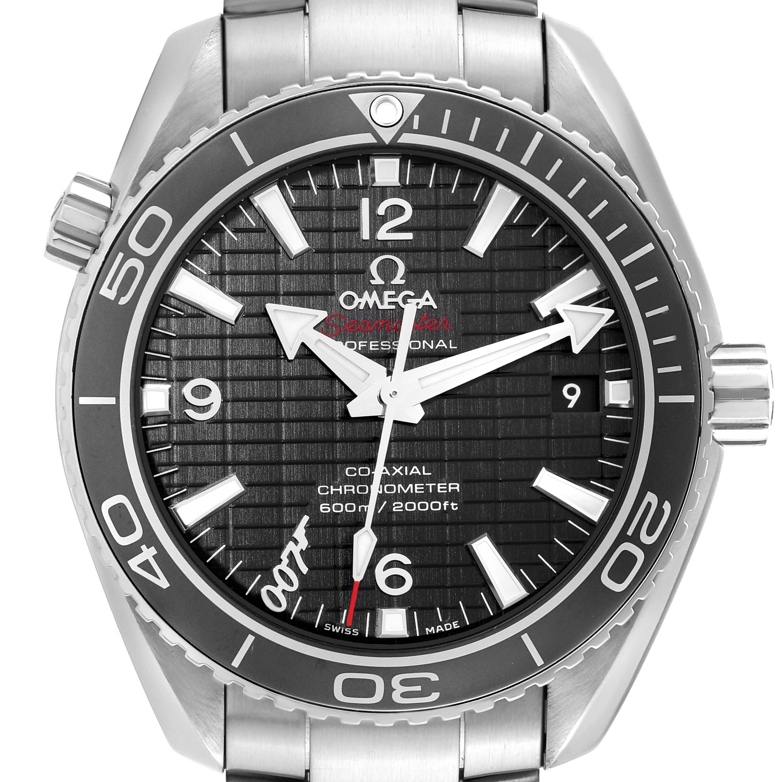 The image shows a front view of the Omega Planet Ocean 232.30.42.21.01.004 Men
s Stainless Steel Black Dial 232.30.42.21.01.004 Men
s Stainless Steel Black Dial watch, highlighting the dial, bezel, and part of the bracelet.
