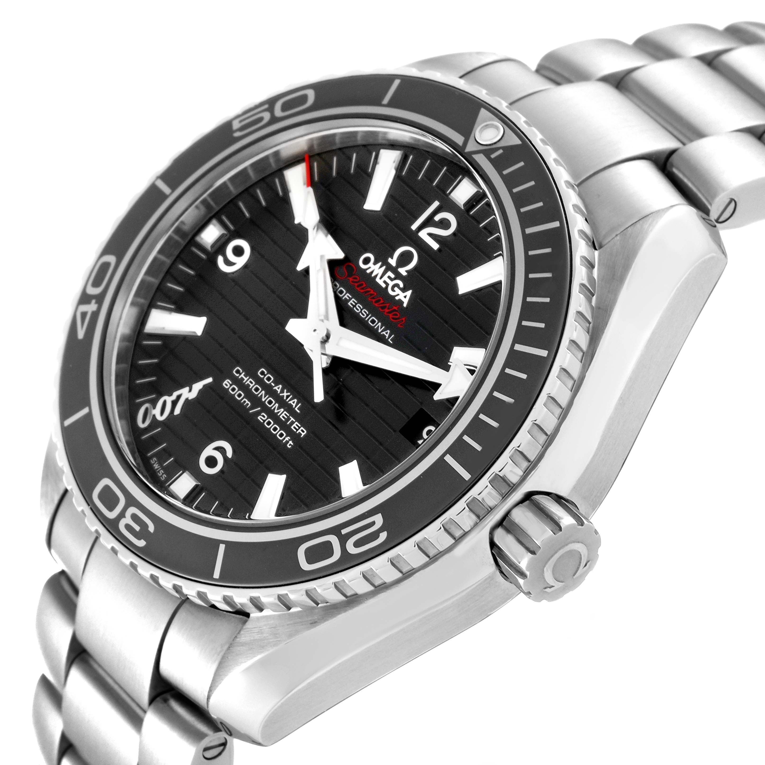 This image shows an angled perspective of the Omega Planet Ocean 232.30.42.21.01.004 Men
s Stainless Steel Black Dial 232.30.42.21.01.004 Men
s Stainless Steel Black Dial watch, highlighting its dial, bezel, crown, and stainless steel bracelet.