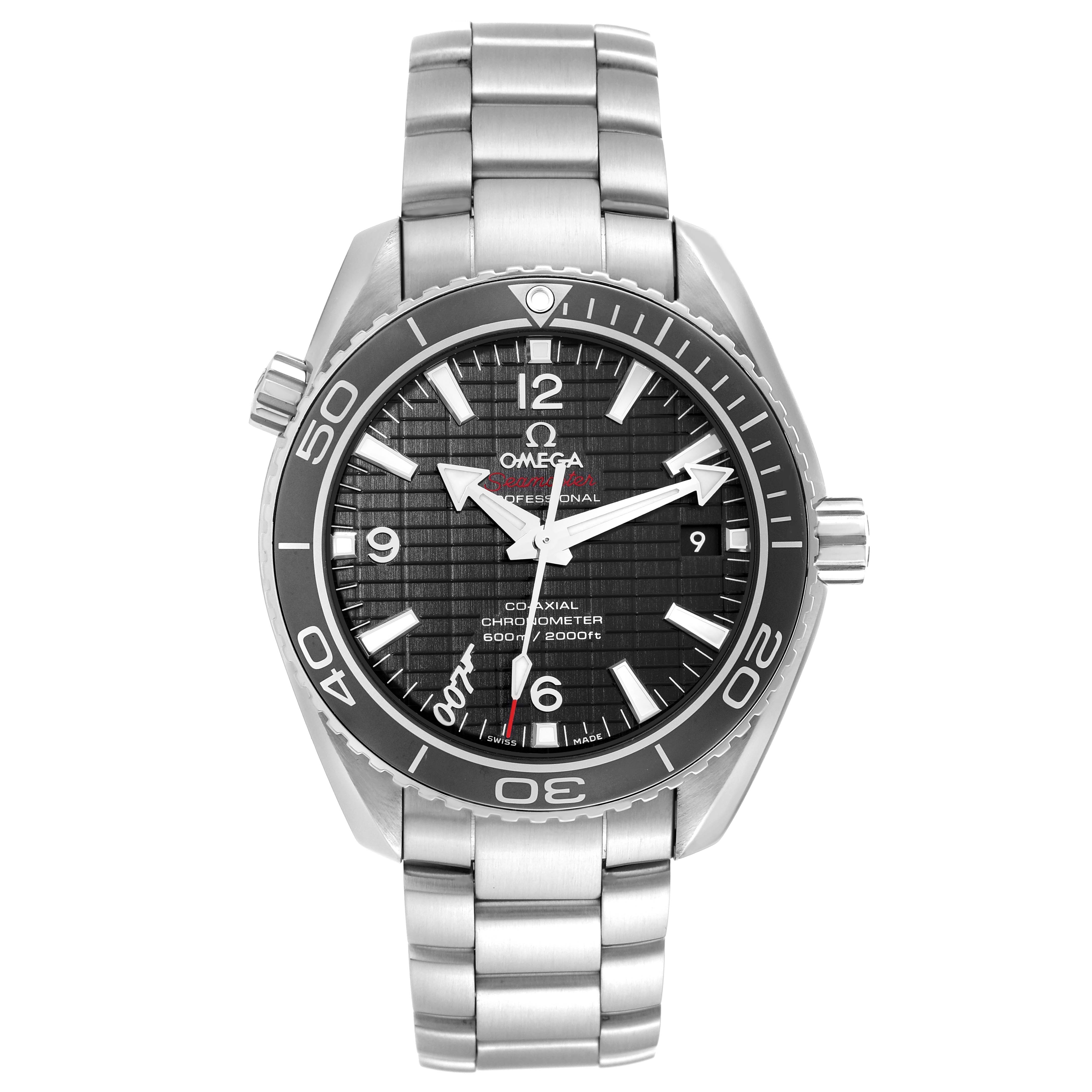 The image shows a front view of the Omega Planet Ocean 232.30.42.21.01.004 Men
s Stainless Steel Black Dial 232.30.42.21.01.004 Men
s Stainless Steel Black Dial watch, highlighting the dial, bezel, and bracelet.