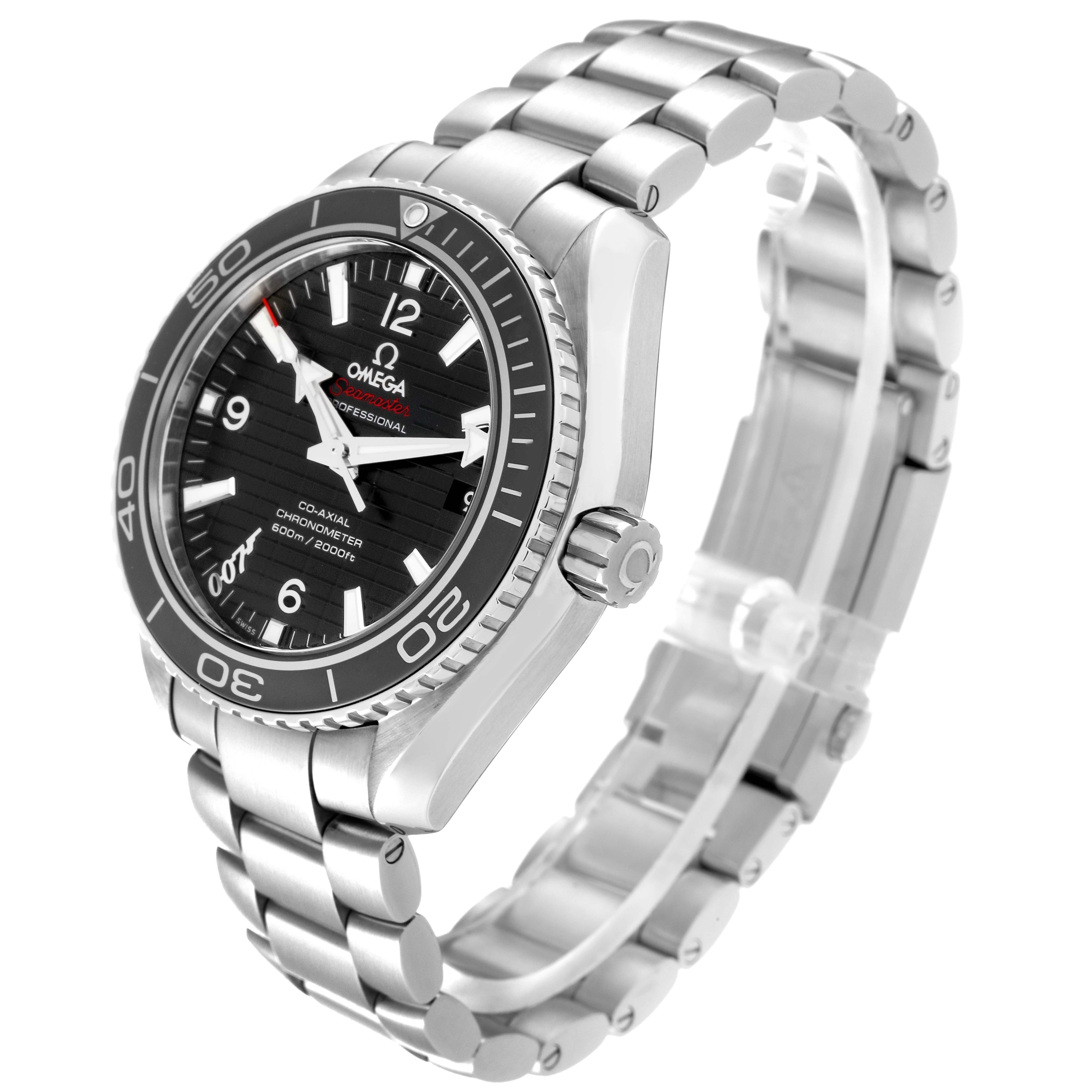 The Omega Planet Ocean 232.30.42.21.01.004 Men
s Stainless Steel Black Dial 232.30.42.21.01.004 Men
s Stainless Steel Black Dial watch is shown at a three-quarters angle, highlighting the dial, bezel, crown, and metallic bracelet.