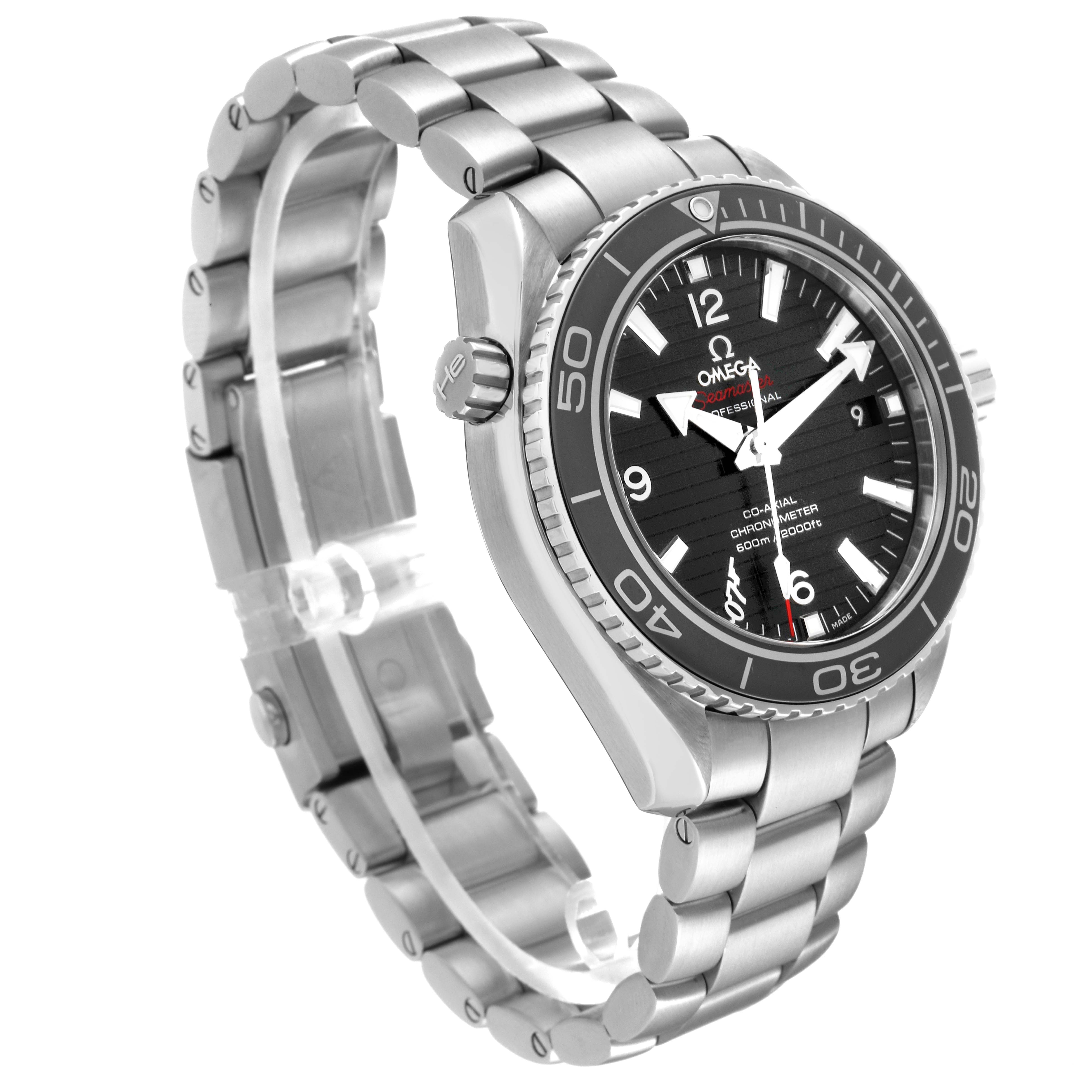 The Omega Planet Ocean 232.30.42.21.01.004 Men
s Stainless Steel Black Dial 232.30.42.21.01.004 Men
s Stainless Steel Black Dial watch is shown at a three-quarter angle, highlighting the bezel, dial, crown, and stainless steel bracelet.